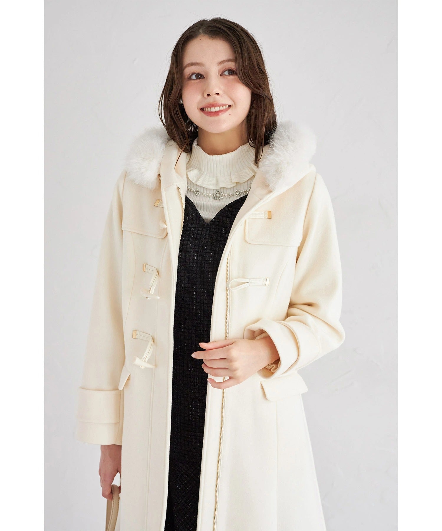 トッコクローゼット tocco closet 取り外し可能なファー付きフィット＆フレアシルエットダッフルコート ホワイト