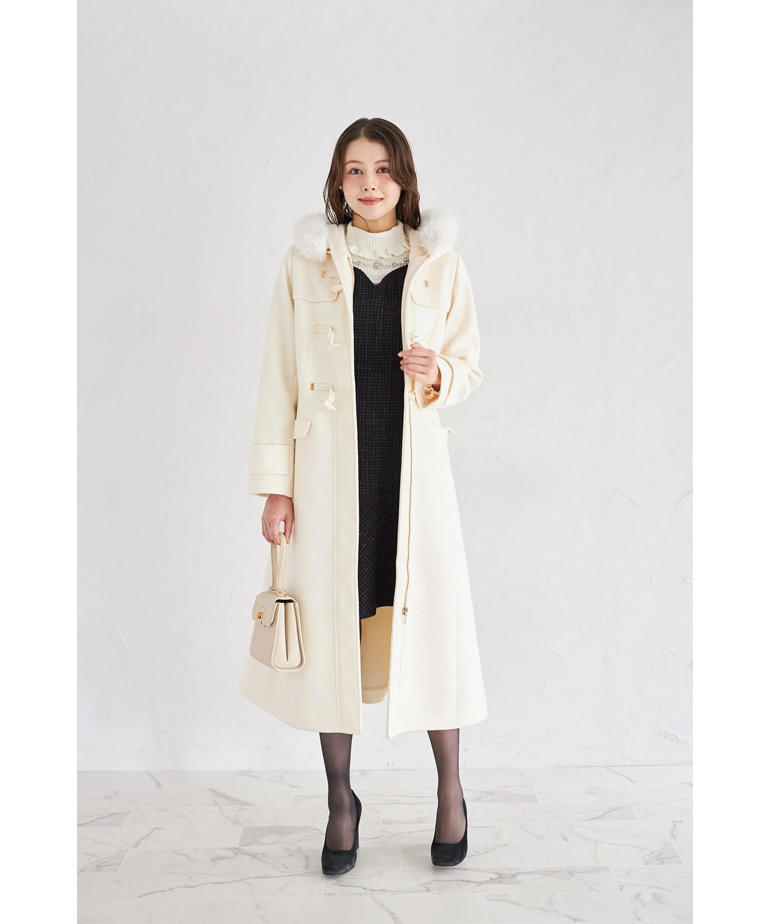 トッコクローゼット tocco closet 取り外し可能なファー付きフィット＆フレアシルエットダッフルコート ホワイト