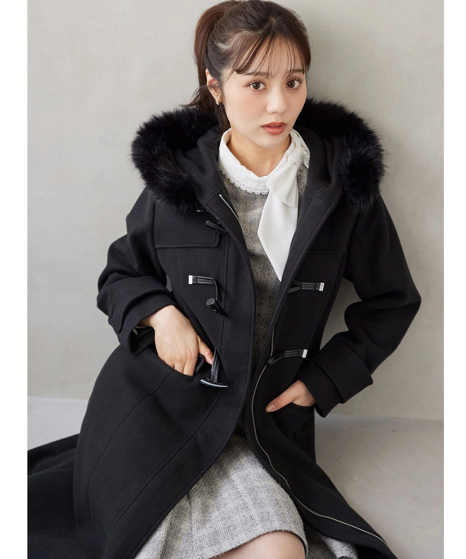 トッコクローゼット tocco closet 取り外し可能なファー付きフィット＆フレアシルエットダッフルコート ブラック