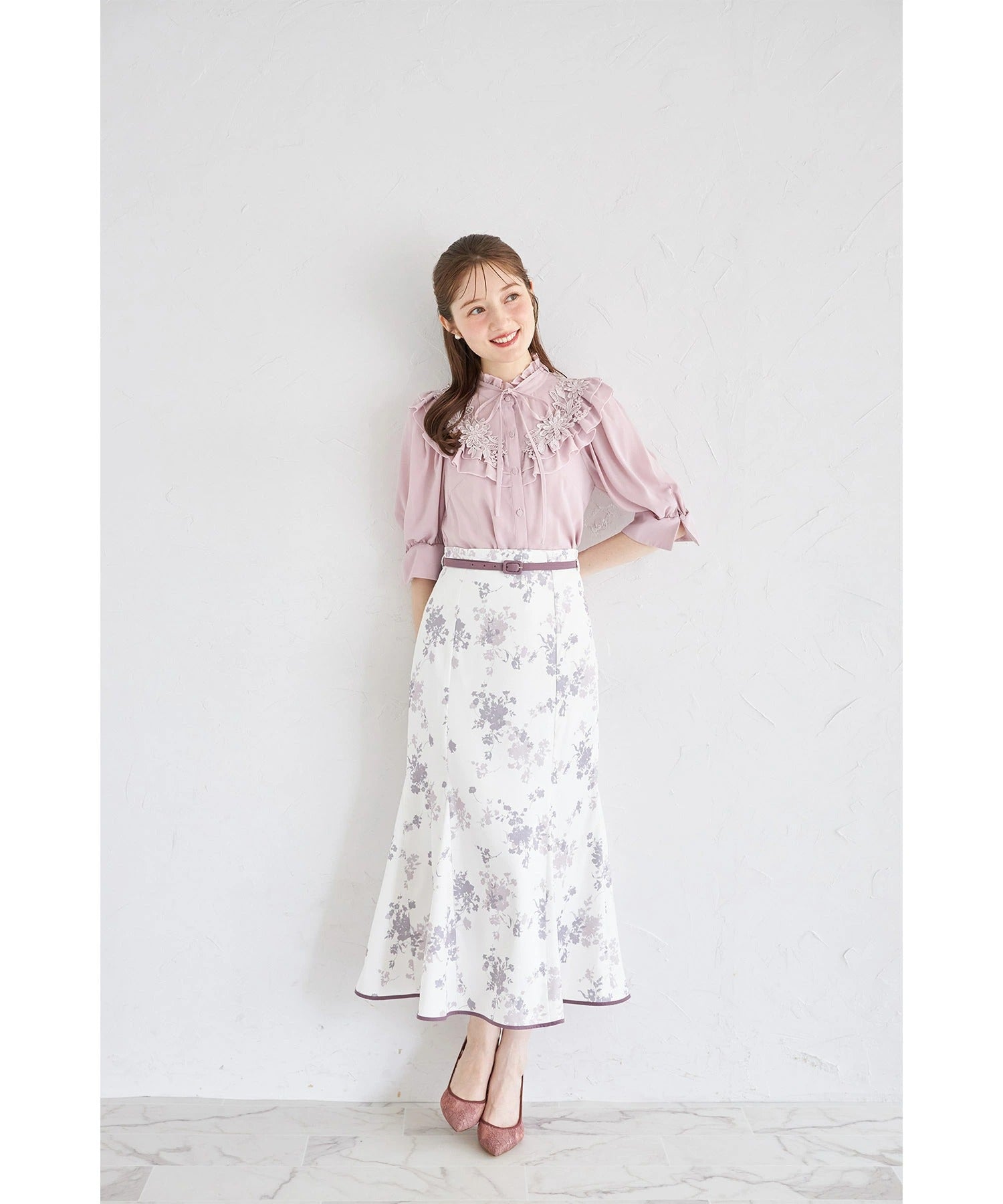 トッコクローゼット tocco closet ベルト付きシャドーフラワーマーメイドスカート ピンク