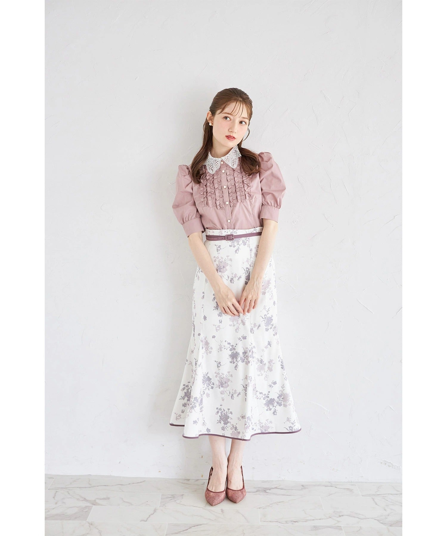 トッコクローゼット tocco closet ベルト付きシャドーフラワーマーメイドスカート ピンク