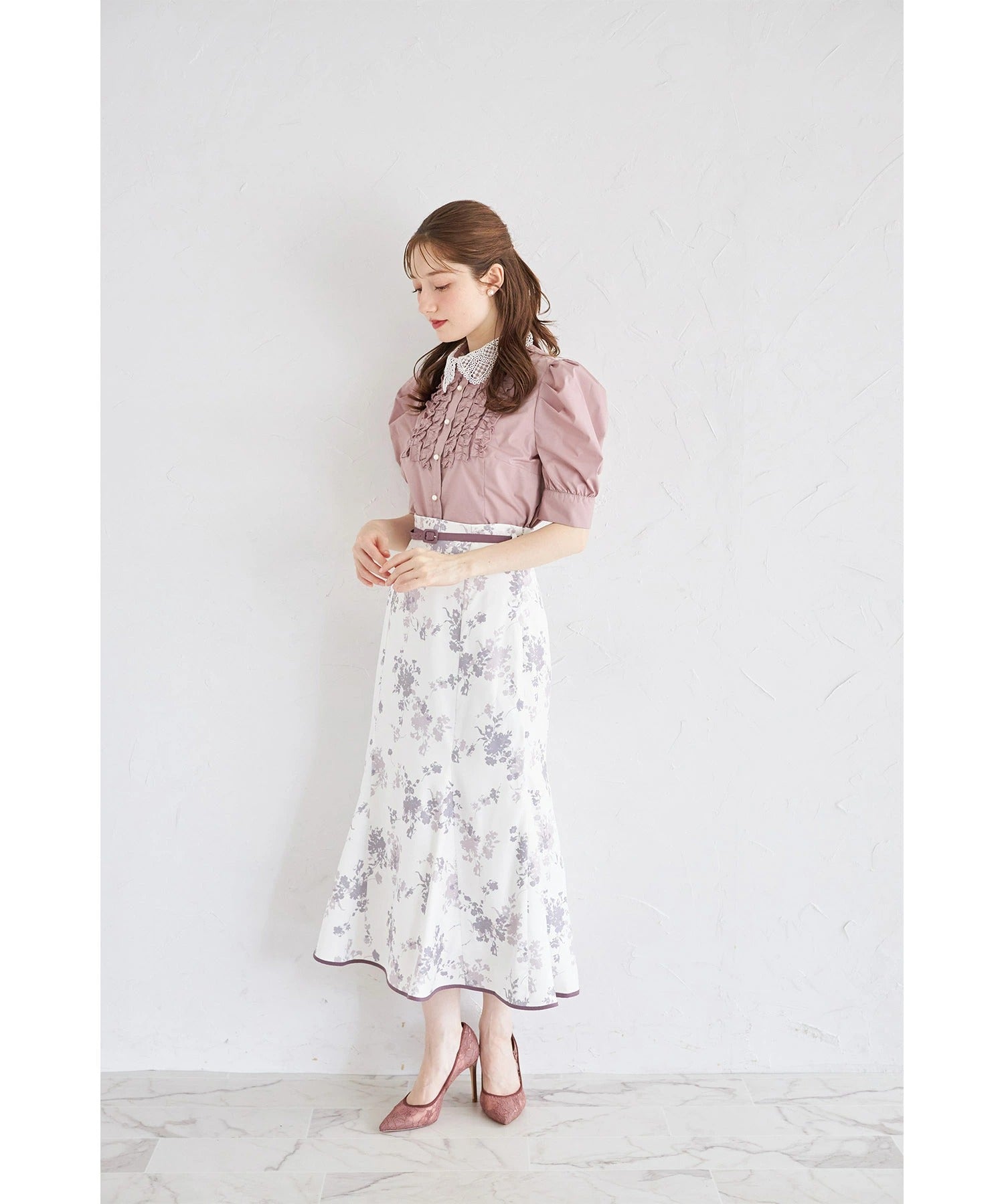 トッコクローゼット tocco closet ベルト付きシャドーフラワーマーメイドスカート ピンク