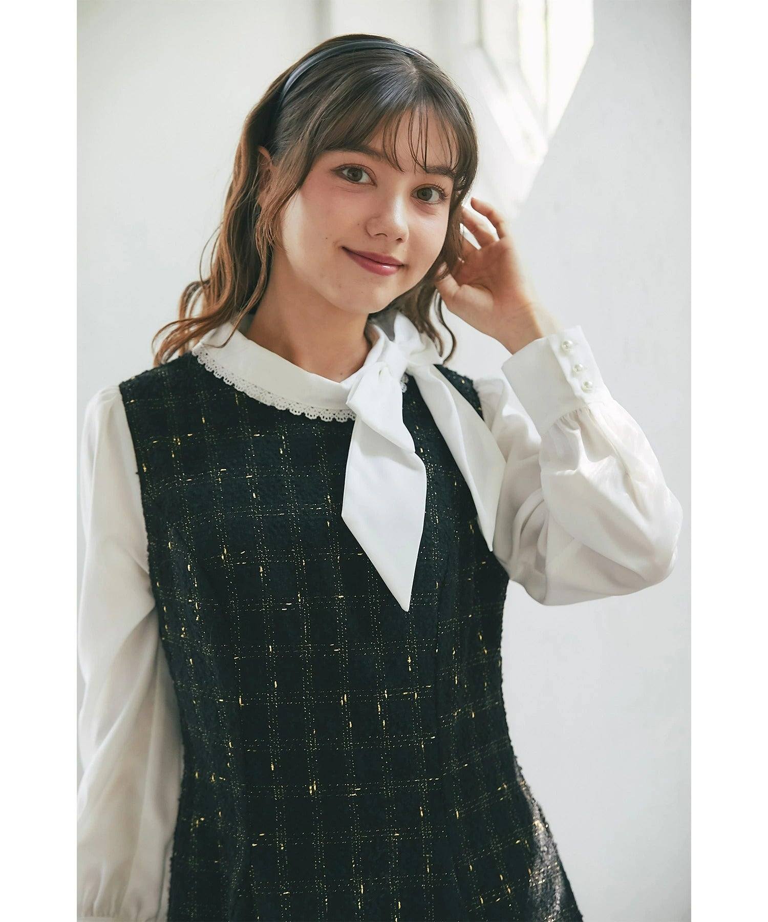 トッコクローゼット tocco closet サイドリボン付きツイードドッキングミニワンピース ブラック