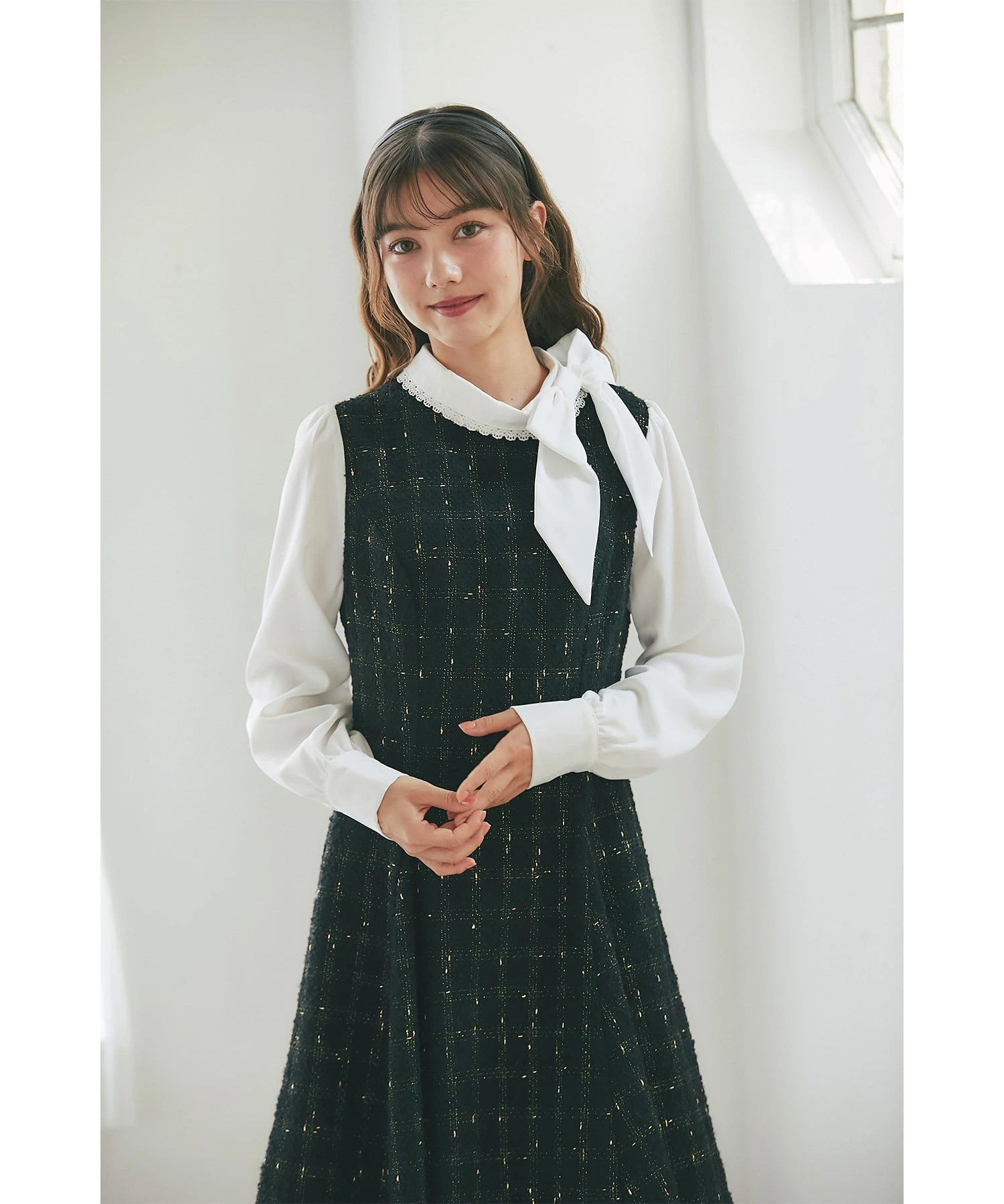 トッコクローゼット tocco closet サイドリボン付きツイードドッキングミニワンピース ブラック