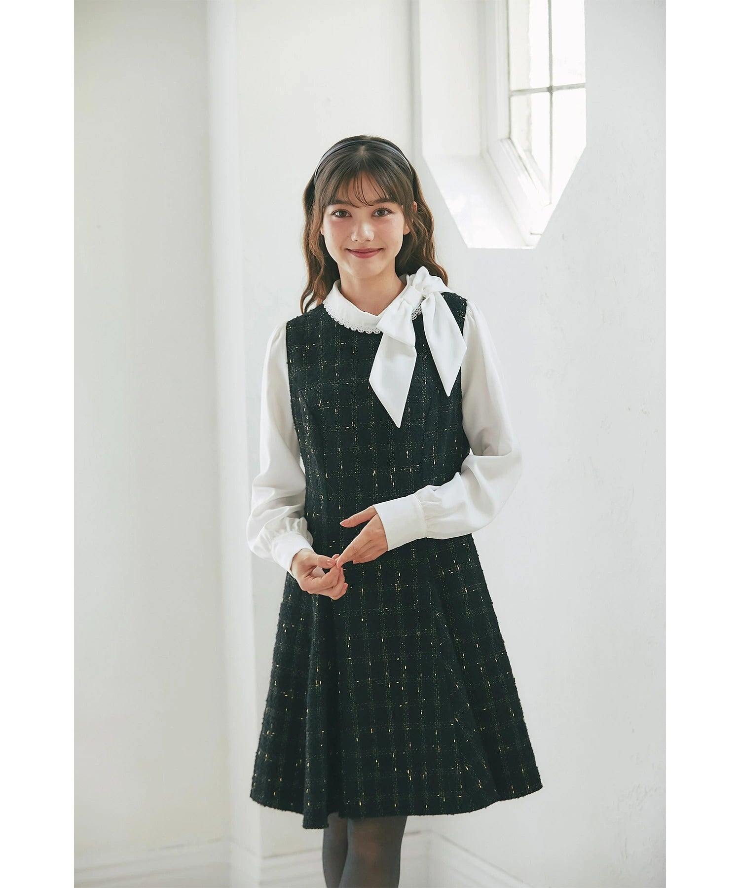 トッコクローゼット tocco closet サイドリボン付きツイードドッキングミニワンピース ブラック