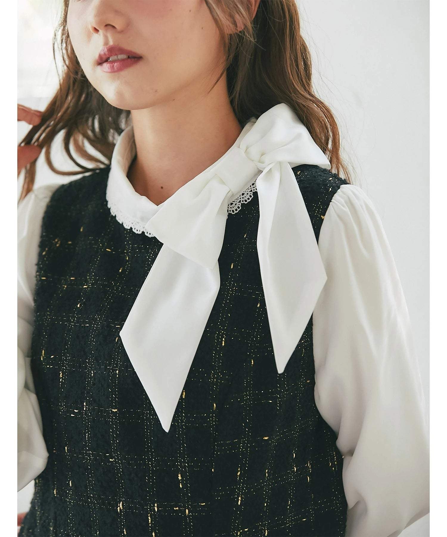 トッコクローゼット tocco closet サイドリボン付きツイードドッキングミニワンピース ブラック