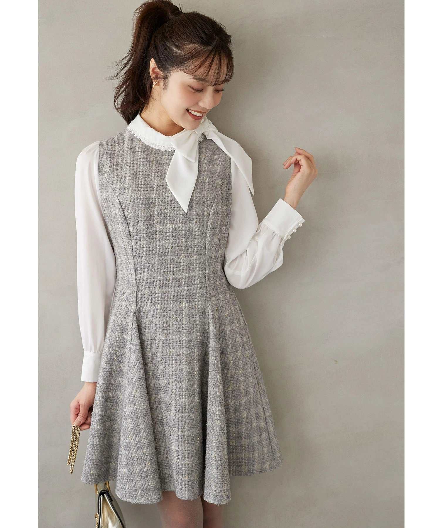 トッコクローゼット tocco closet サイドリボン付きツイードドッキングミニワンピース グレー