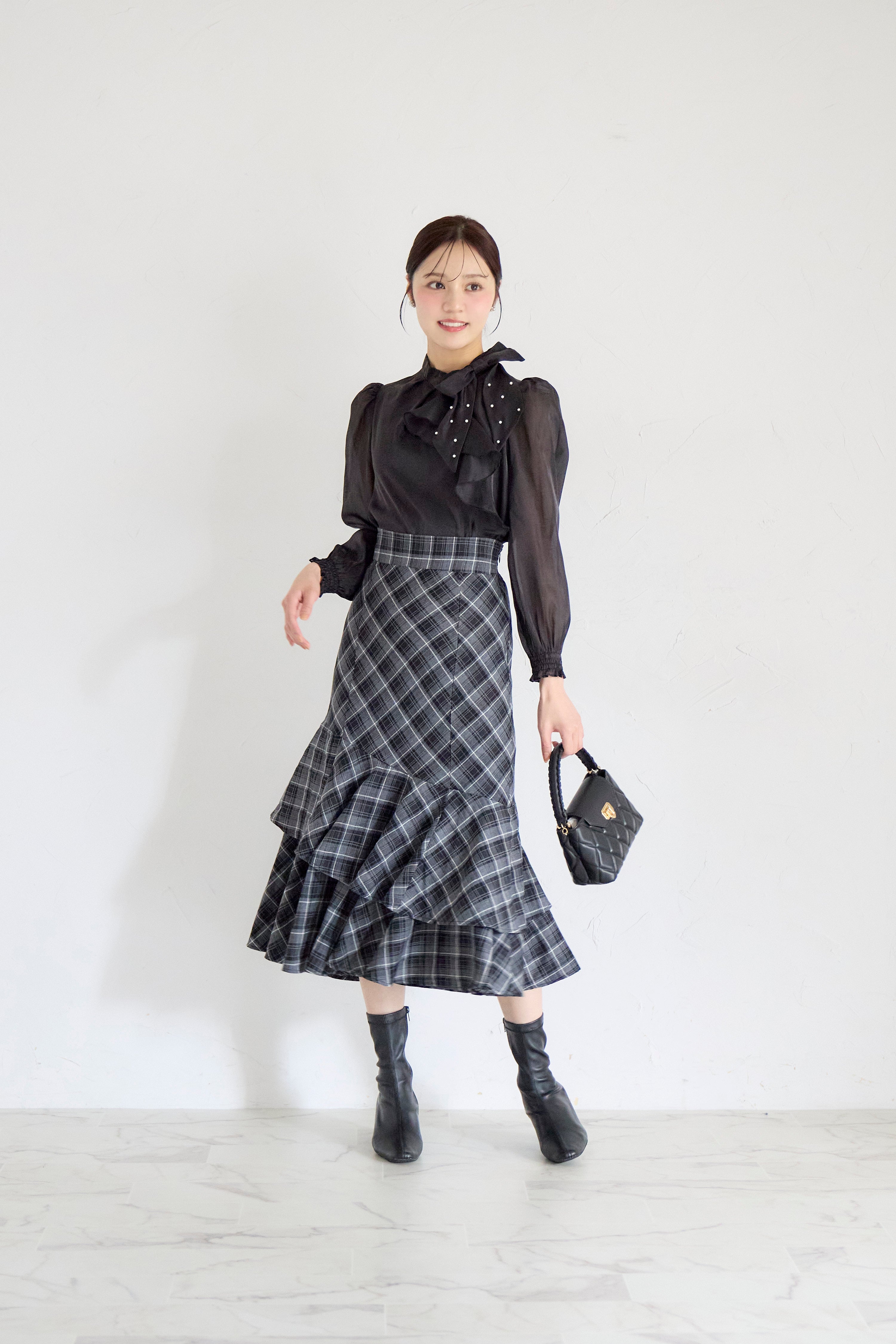 トッコクローゼット tocco closet チェック柄ラッフルフリルスカート ブラック