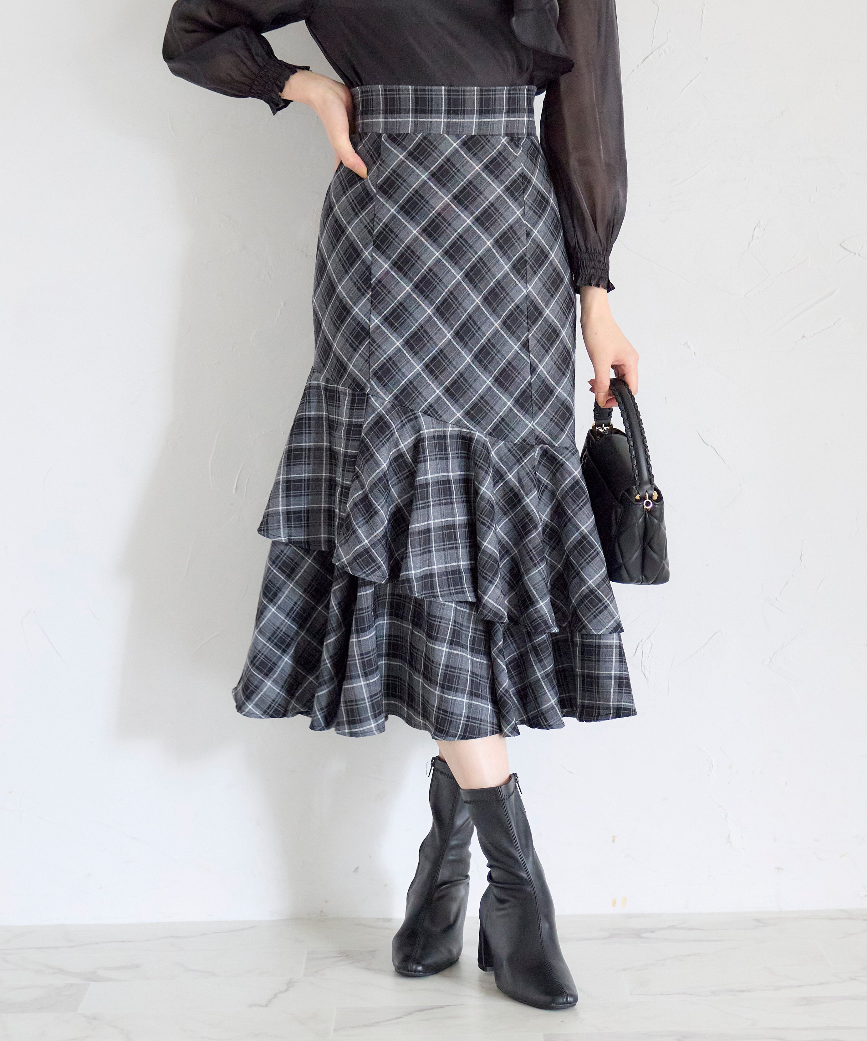 トッコクローゼット tocco closet チェック柄ラッフルフリルスカート ブラック