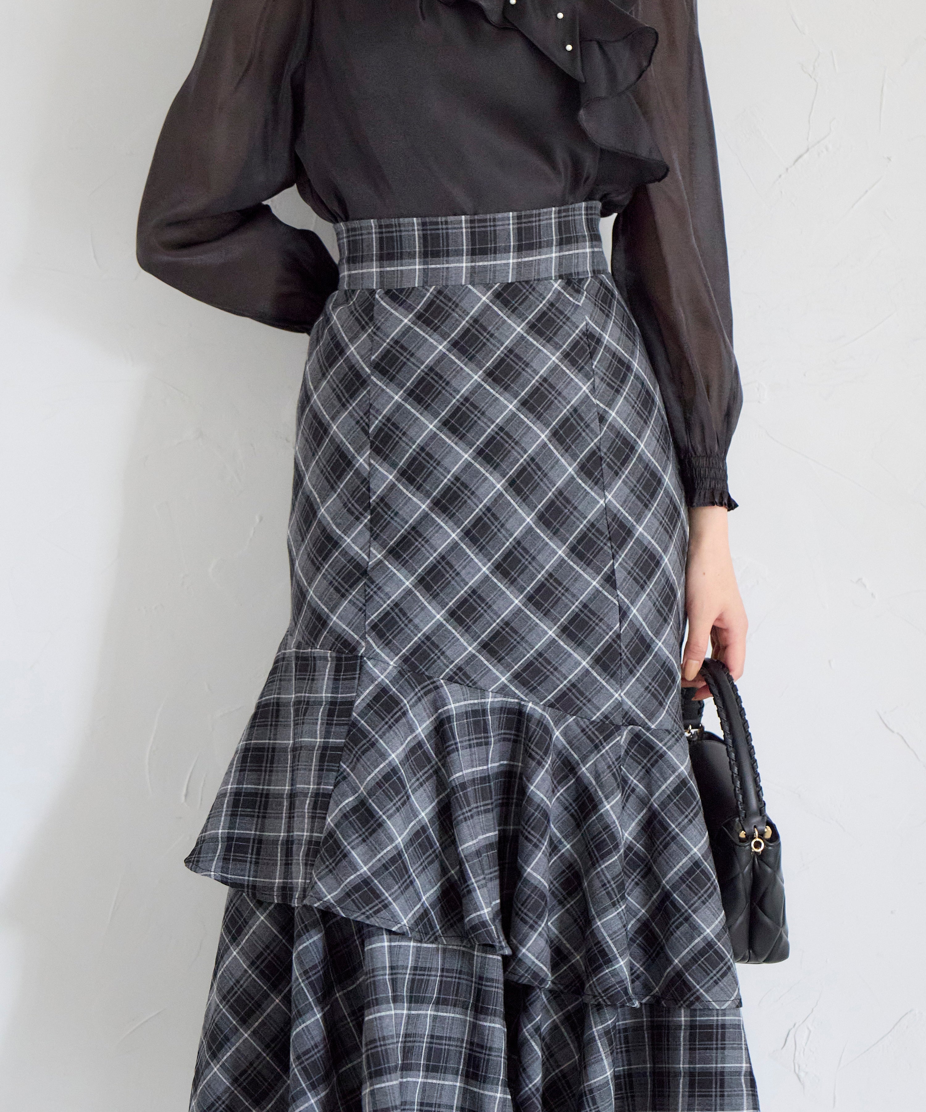 トッコクローゼット tocco closet チェック柄ラッフルフリルスカート ブラック