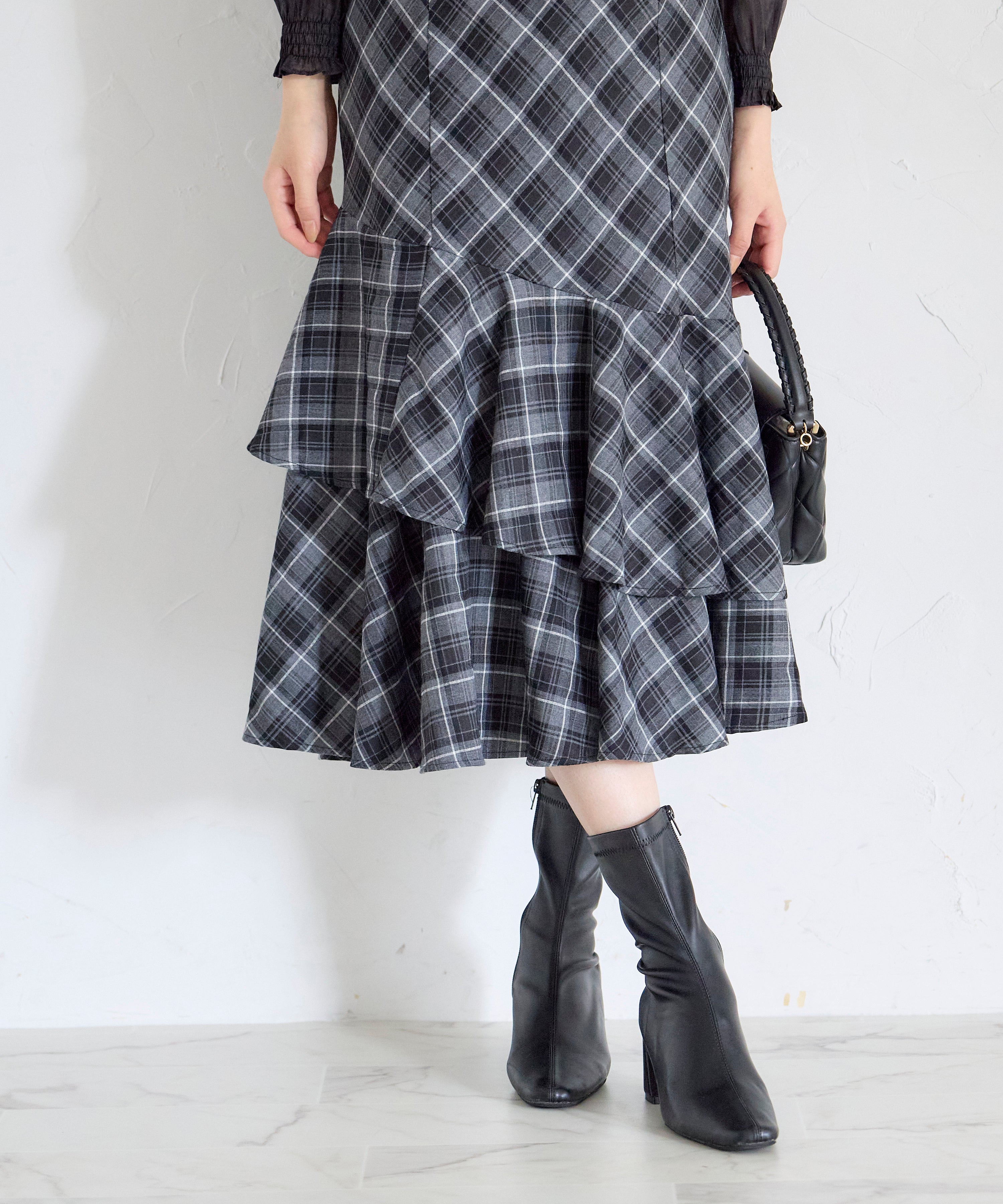 トッコクローゼット tocco closet チェック柄ラッフルフリルスカート ブラック