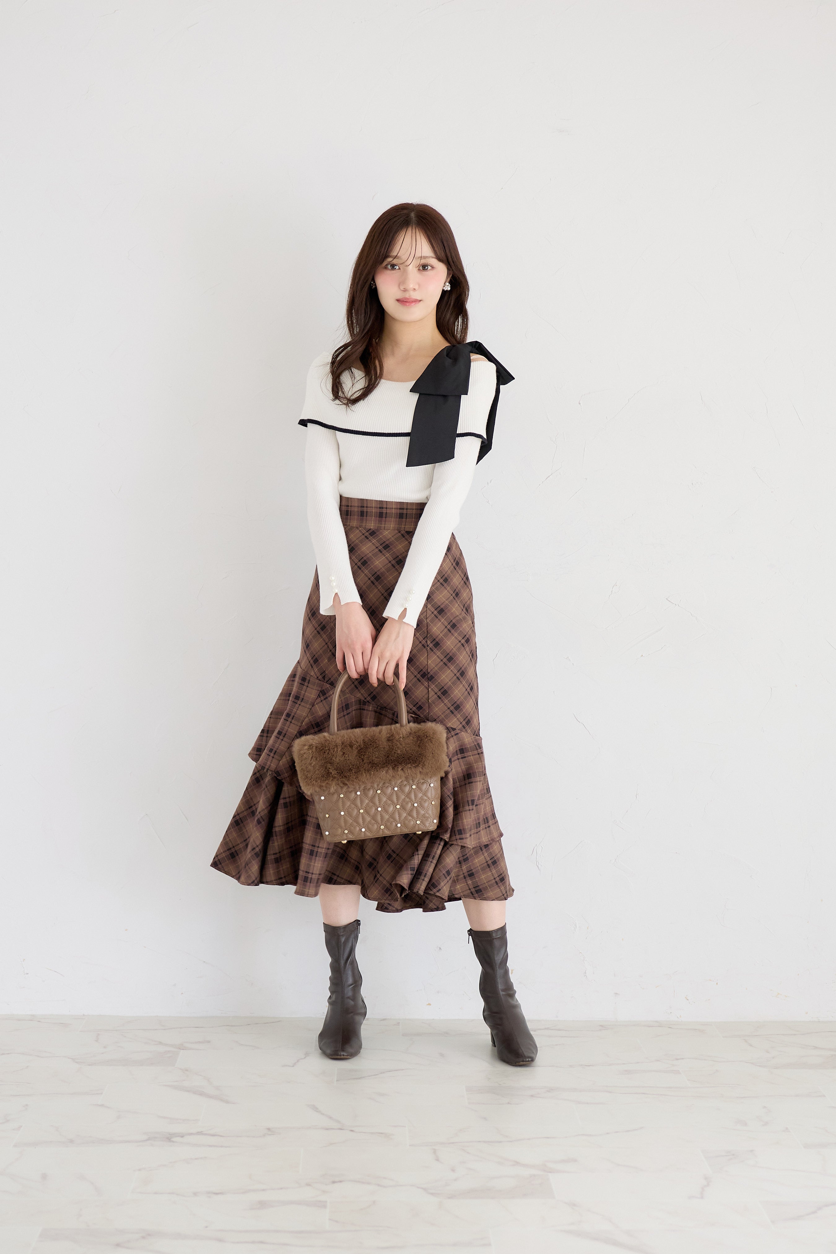 トッコクローゼット tocco closet チェック柄ラッフルフリルスカート ブラウン