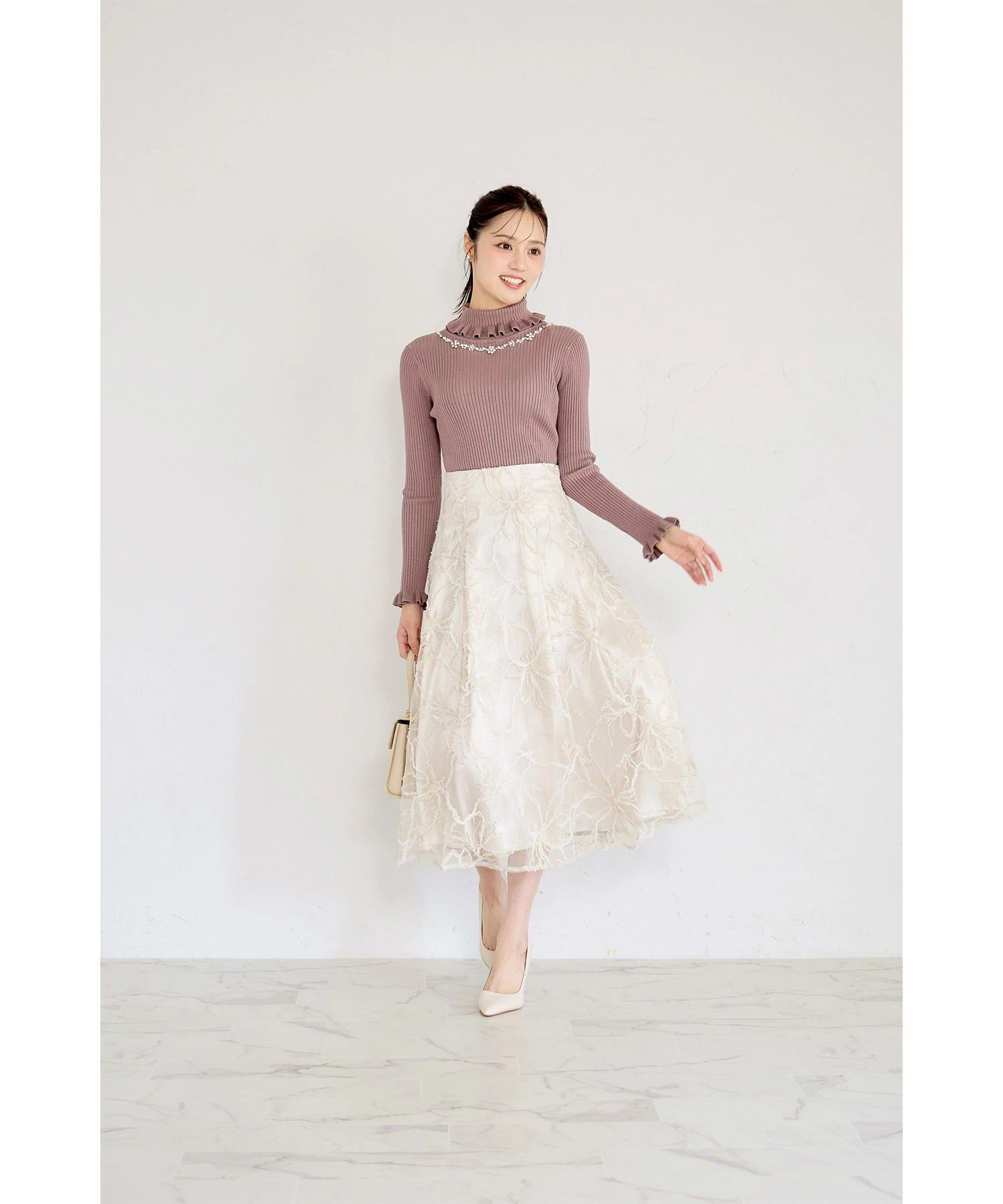 トッコクローゼット tocco closet バックレースアップモールレースタックフレアスカート ホワイト