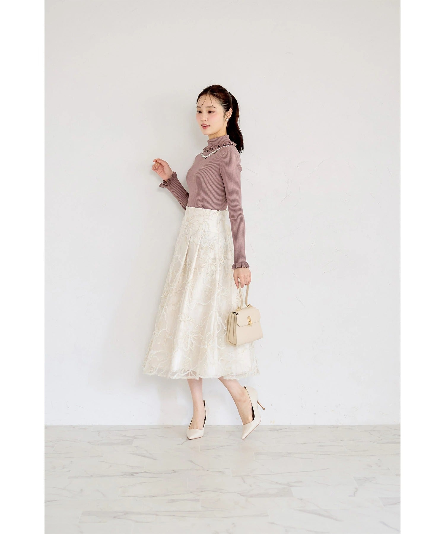 トッコクローゼット tocco closet バックレースアップモールレースタックフレアスカート ホワイト