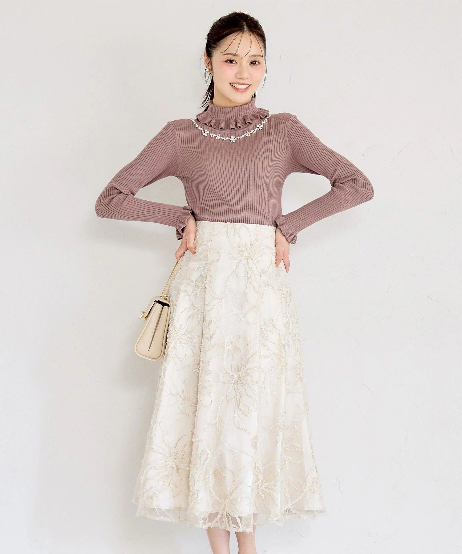 トッコクローゼット tocco closet バックレースアップモールレースタックフレアスカート ホワイト