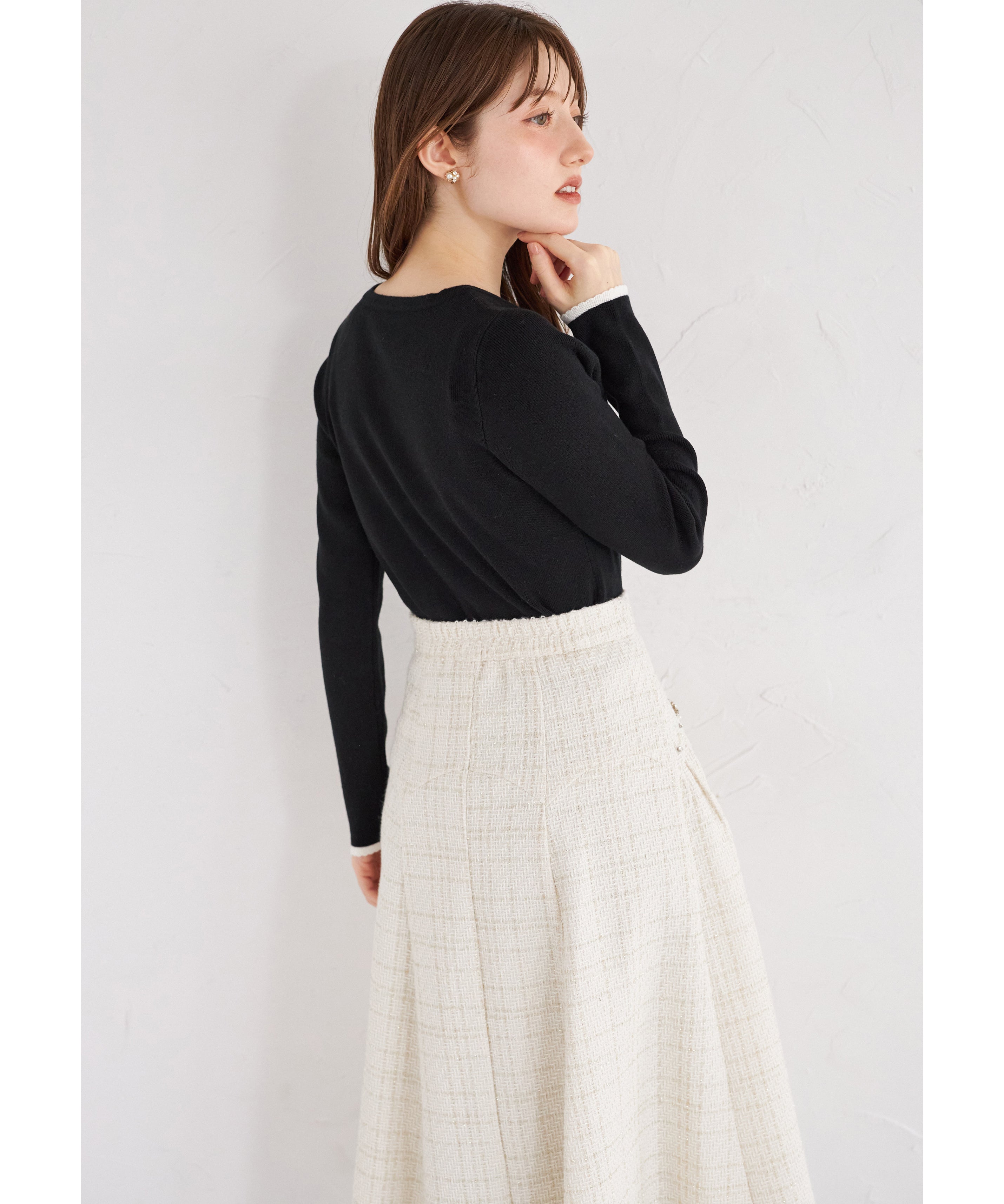 トッコクローゼット tocco closet ビジュー装飾スカラップ切り替えツイードフレアスカート ホワイト