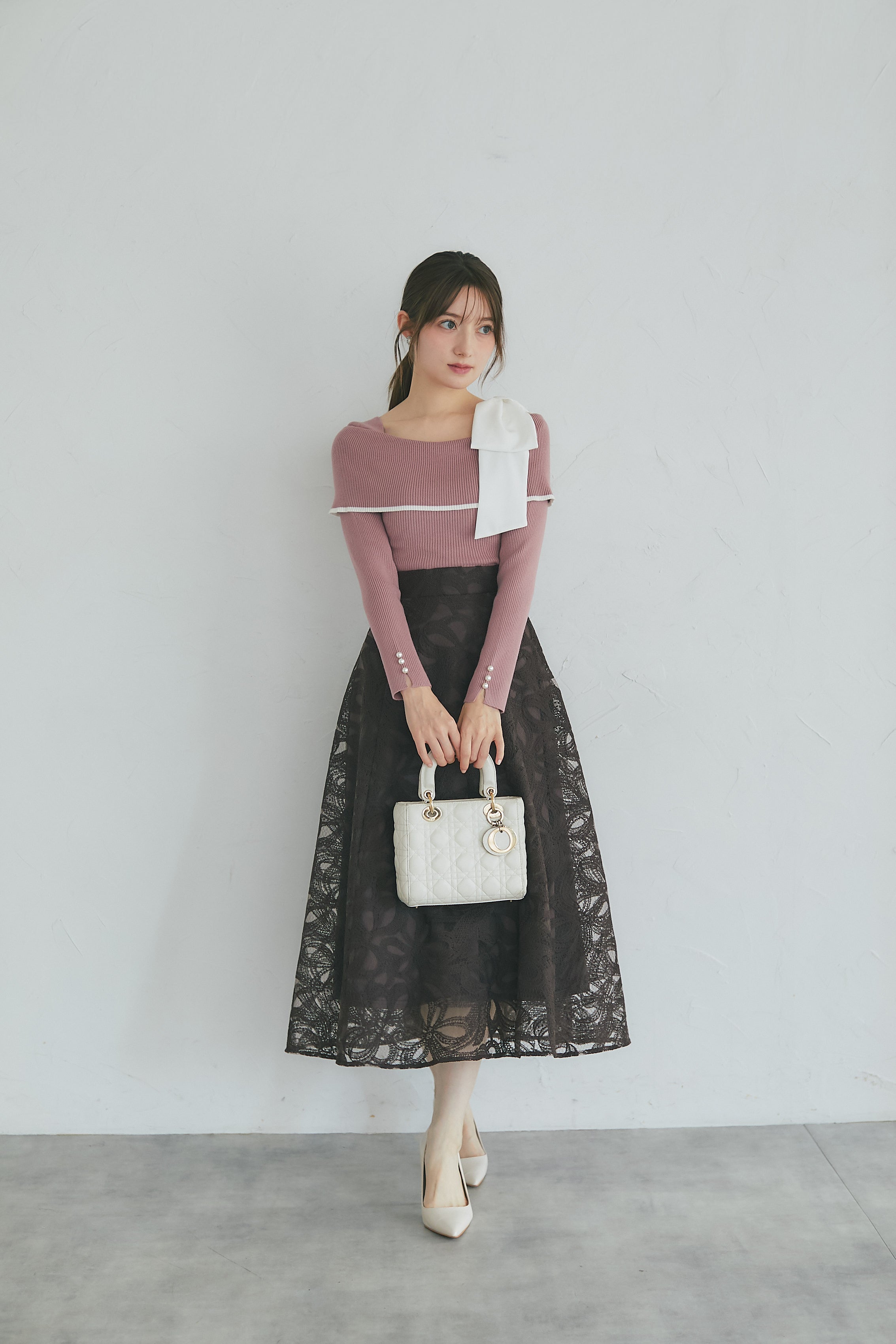 トッコクローゼット tocco closet 肩リボン付き袖口パール装飾ニットプルオーバー ピンク