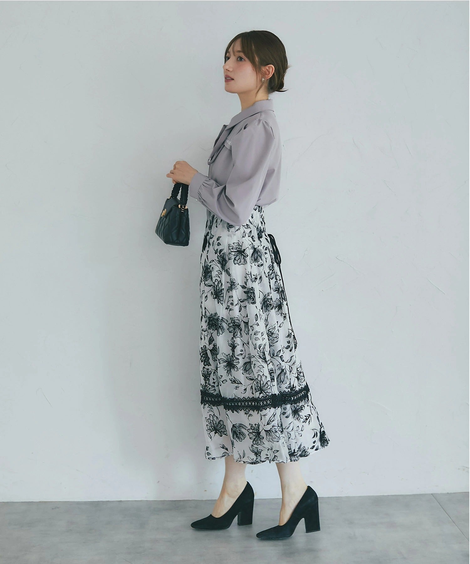 トッコクローゼット tocco closet 2WAYボウタイリボン付きヨークラインレース切り替えブラウス グレー