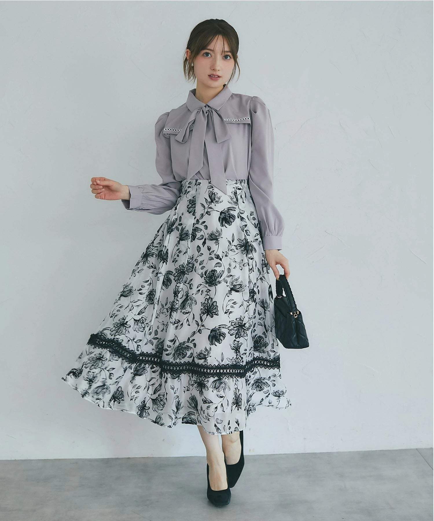 トッコクローゼット tocco closet 2WAYボウタイリボン付きヨークラインレース切り替えブラウス グレー