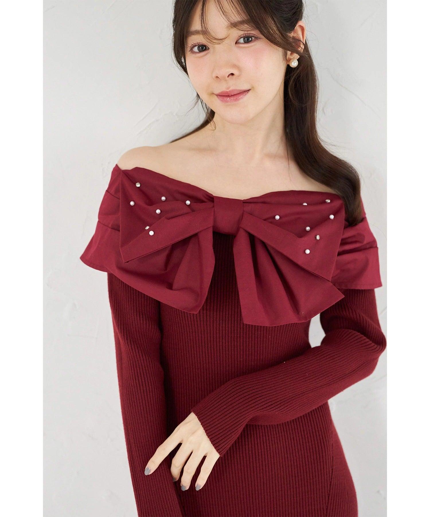 トッコクローゼット tocco closet パールビジュー付きビックリボン切り替えリブニットワンピース? レッド