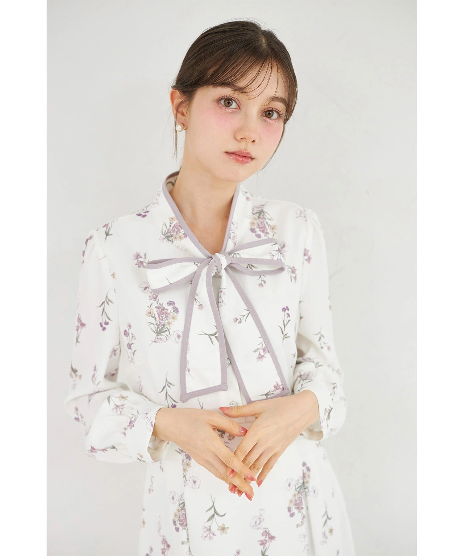 トッコクローゼット tocco closet 配色ライン ボウタイマルチフラワーワンピース パープル