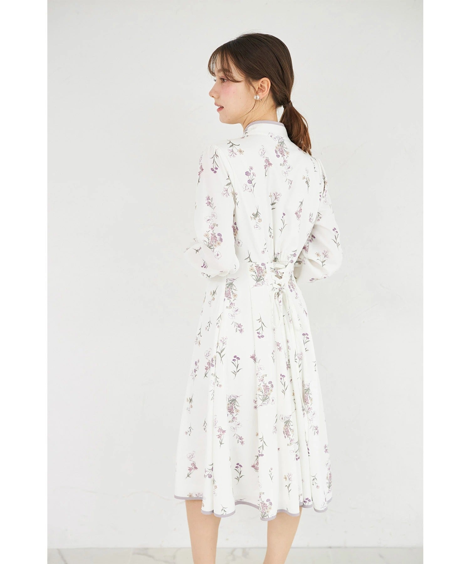 トッコクローゼット tocco closet 配色ライン ボウタイマルチフラワーワンピース パープル