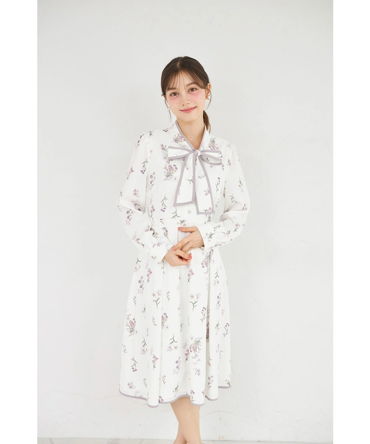 トッコクローゼット tocco closet 配色ライン ボウタイマルチフラワーワンピース パープル