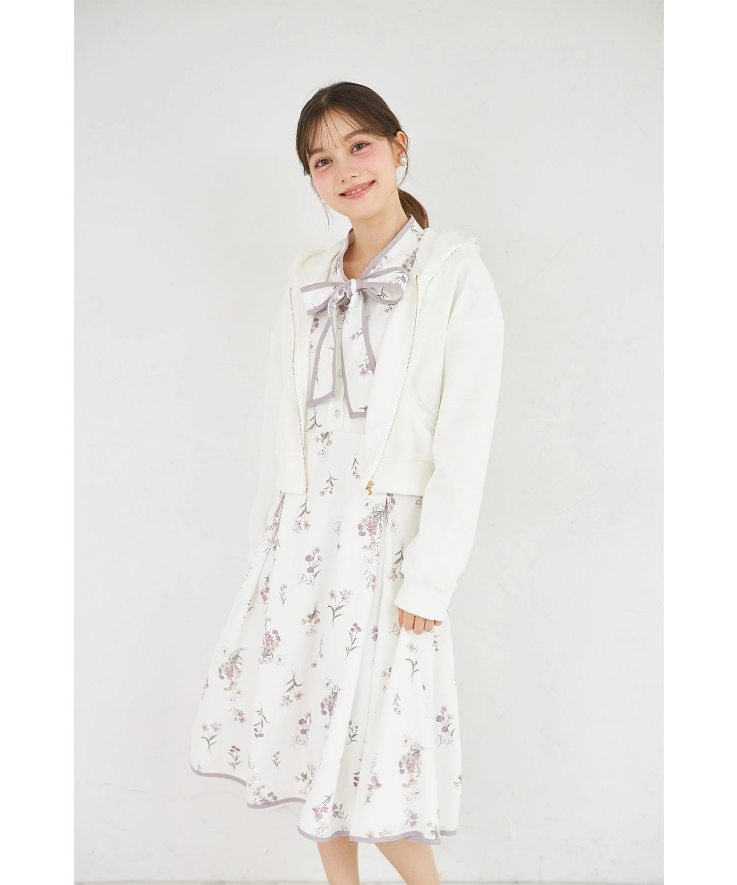 トッコクローゼット tocco closet 配色ライン ボウタイマルチフラワーワンピース パープル