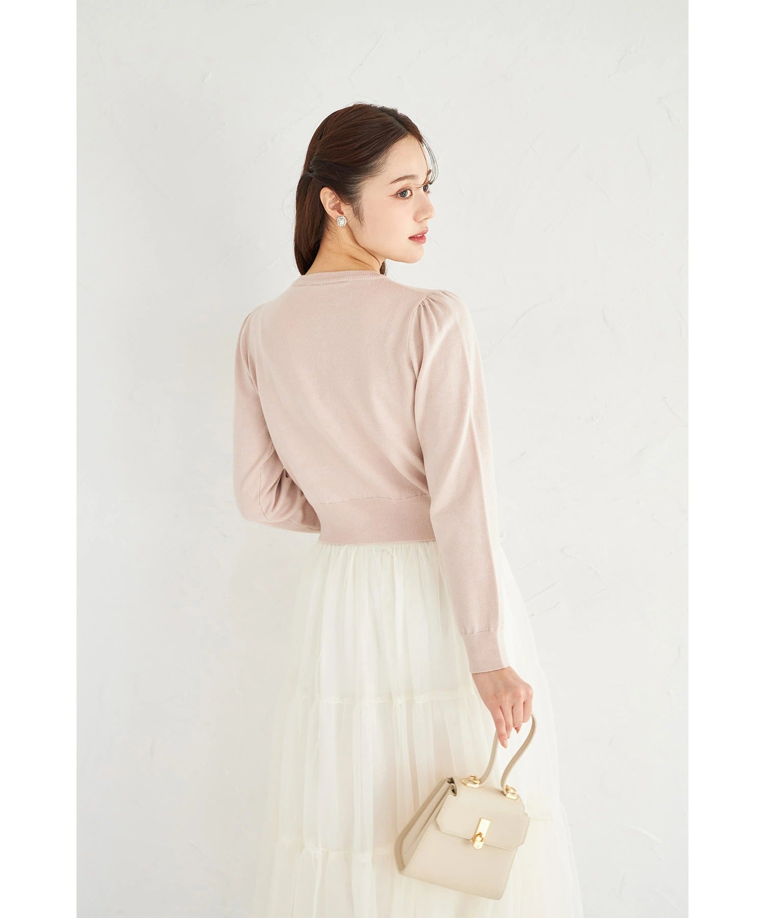 トッコクローゼット tocco closet フラワーレースモチーフ付きパールビジュー装飾ニットカーディガン ピンク