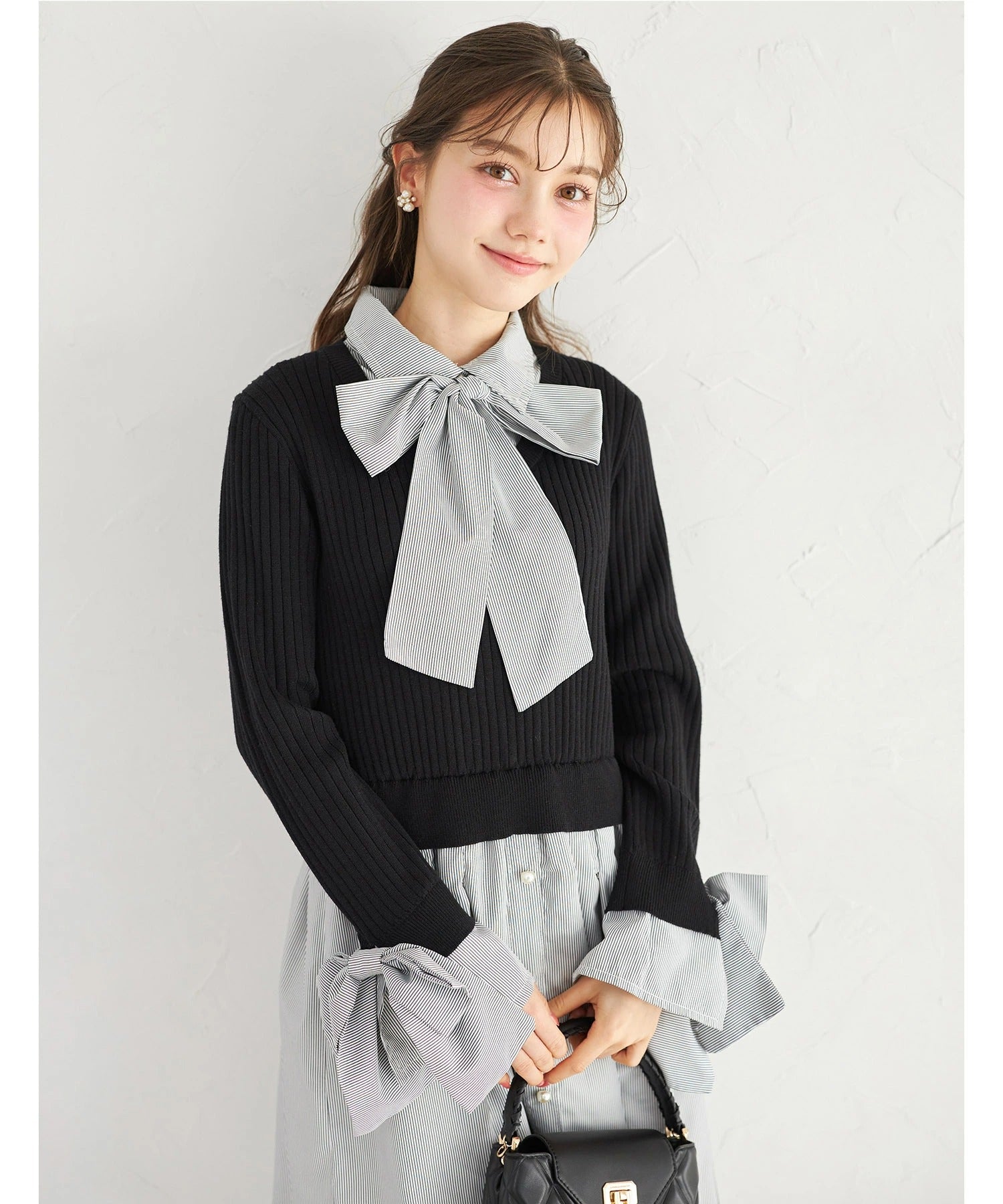 トッコクローゼット tocco closet ニットドッキングシャツワンピース ブラック