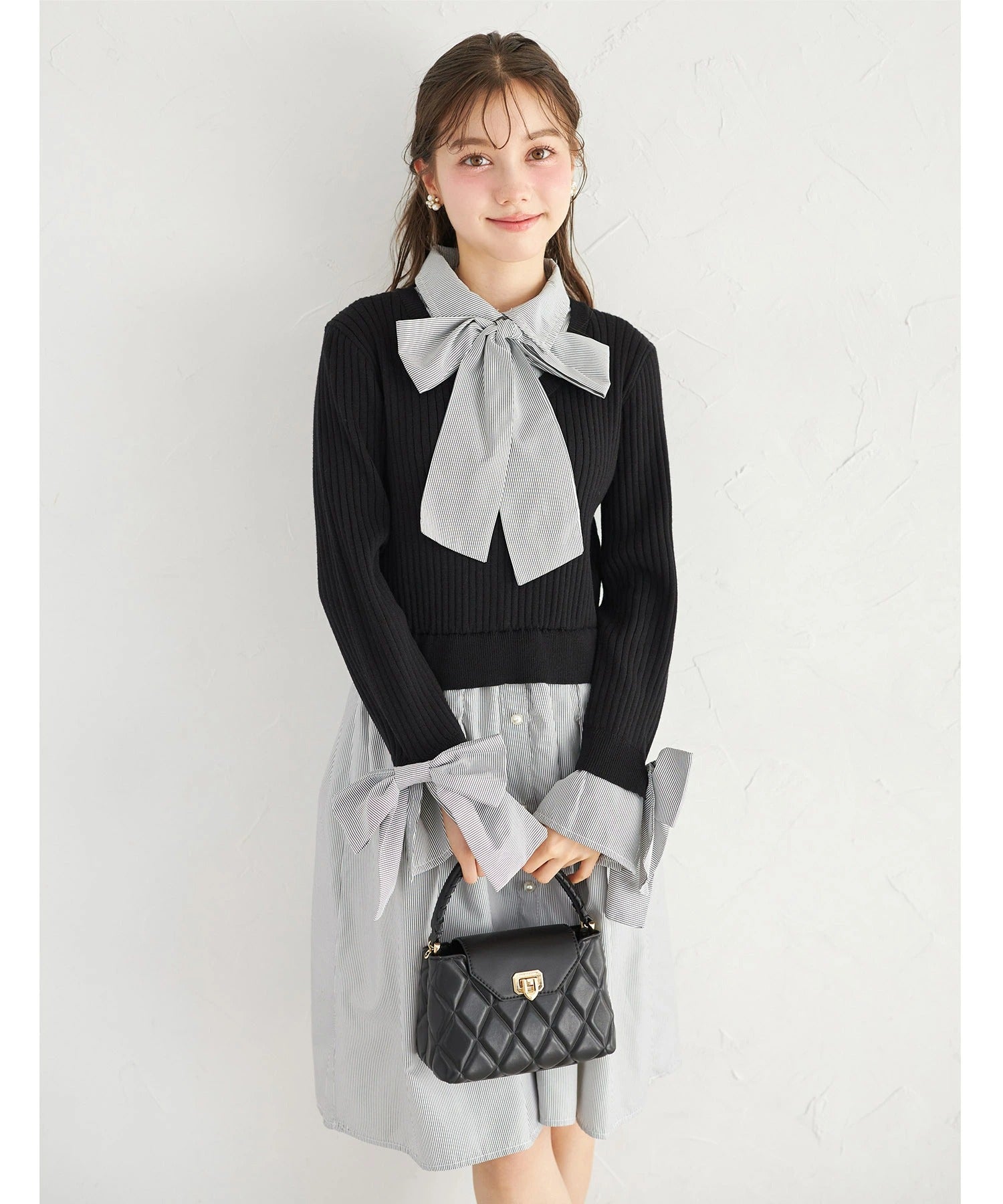 トッコクローゼット tocco closet ニットドッキングシャツワンピース ブラック