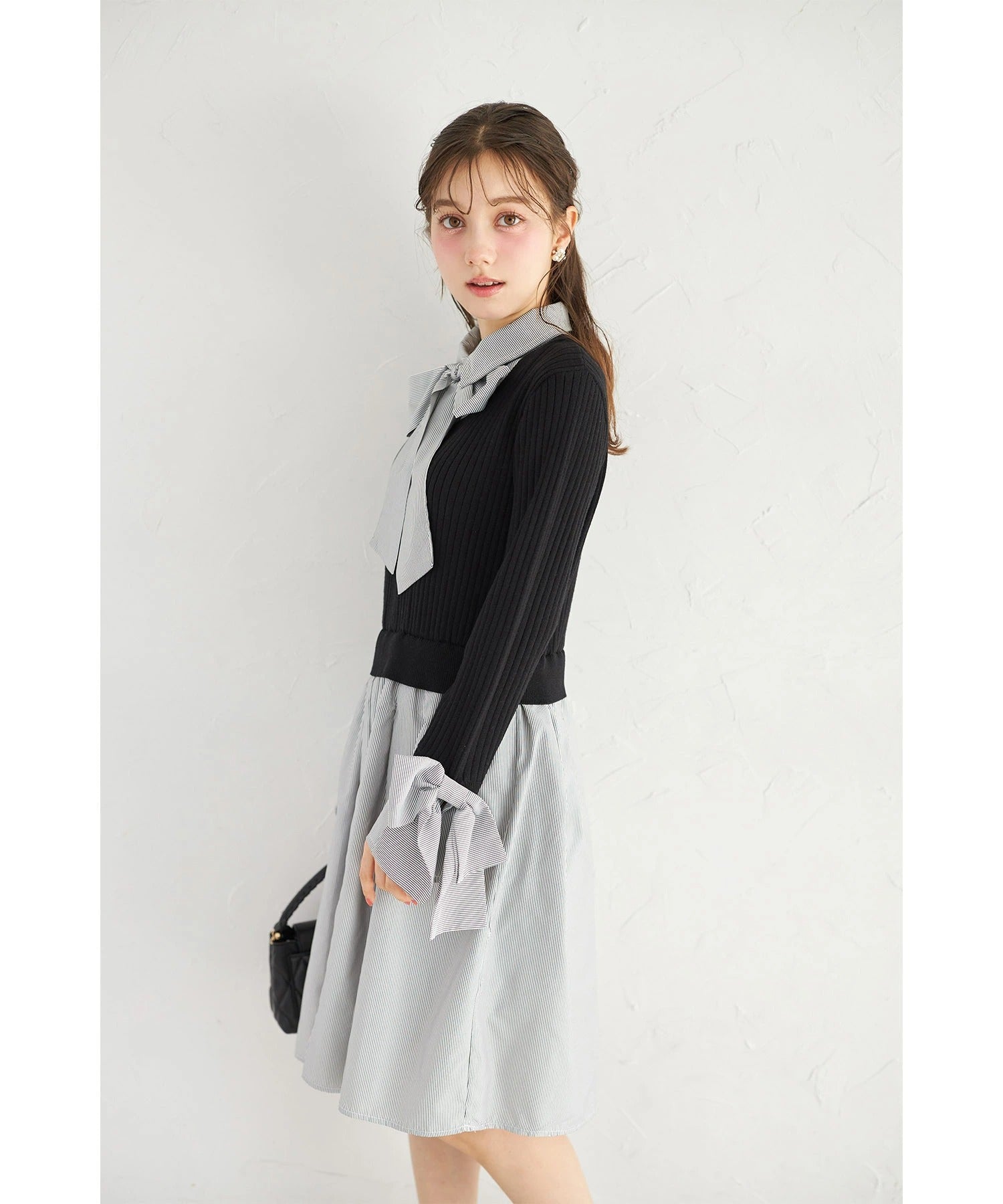 トッコクローゼット tocco closet ニットドッキングシャツワンピース ブラック