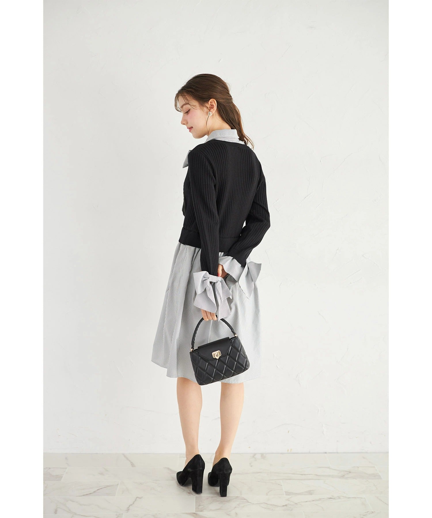 トッコクローゼット tocco closet ニットドッキングシャツワンピース ブラック