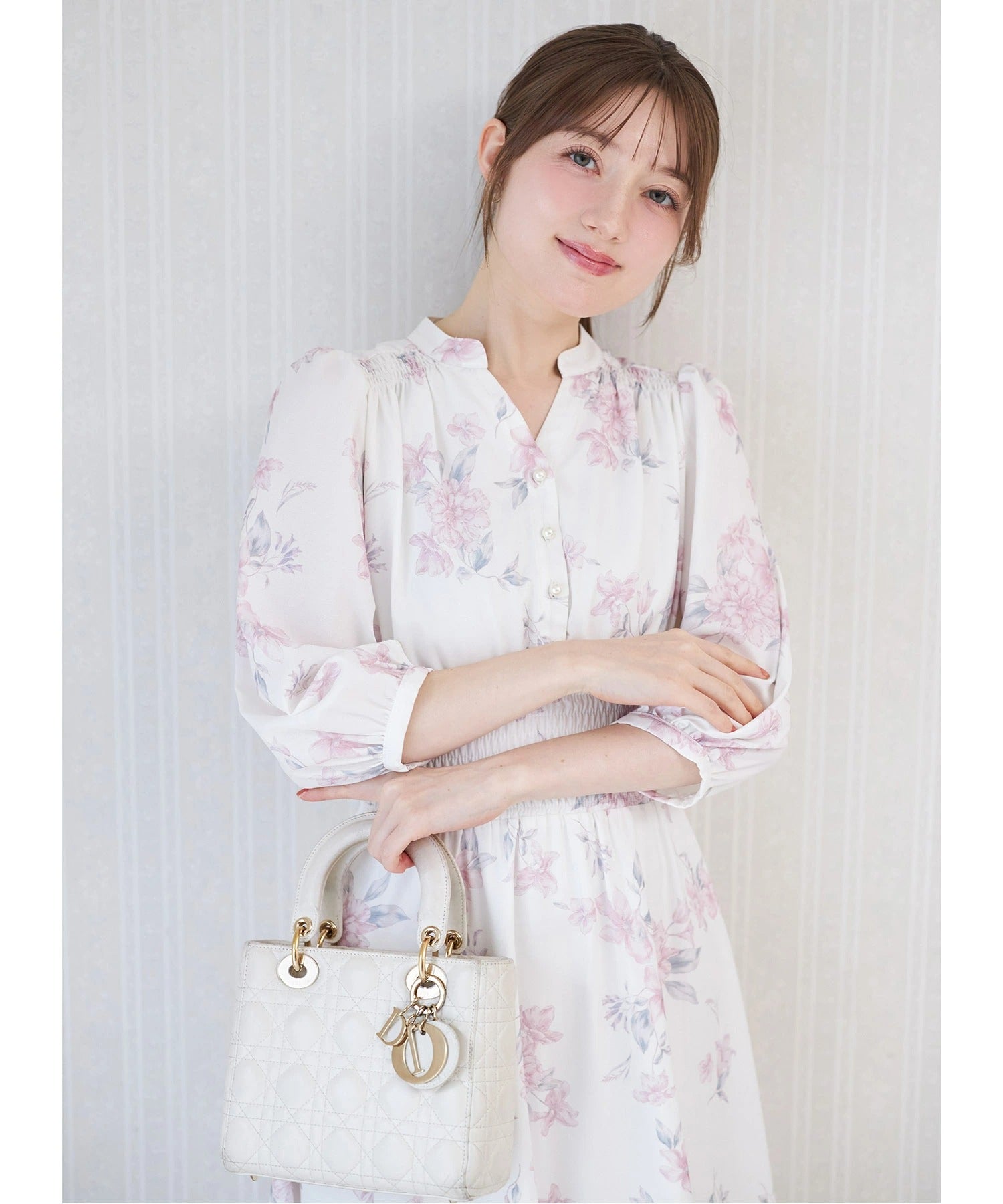 トッコクローゼット tocco closet スタイルUP見えするウエストシャーリングスキッパーフラワープリントワンピース ピンク