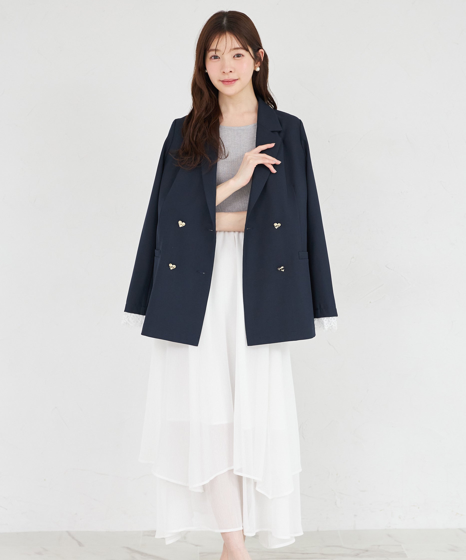 トッコクローゼット tocco closet 袖口レース付きハート釦ジャケット ネイビー