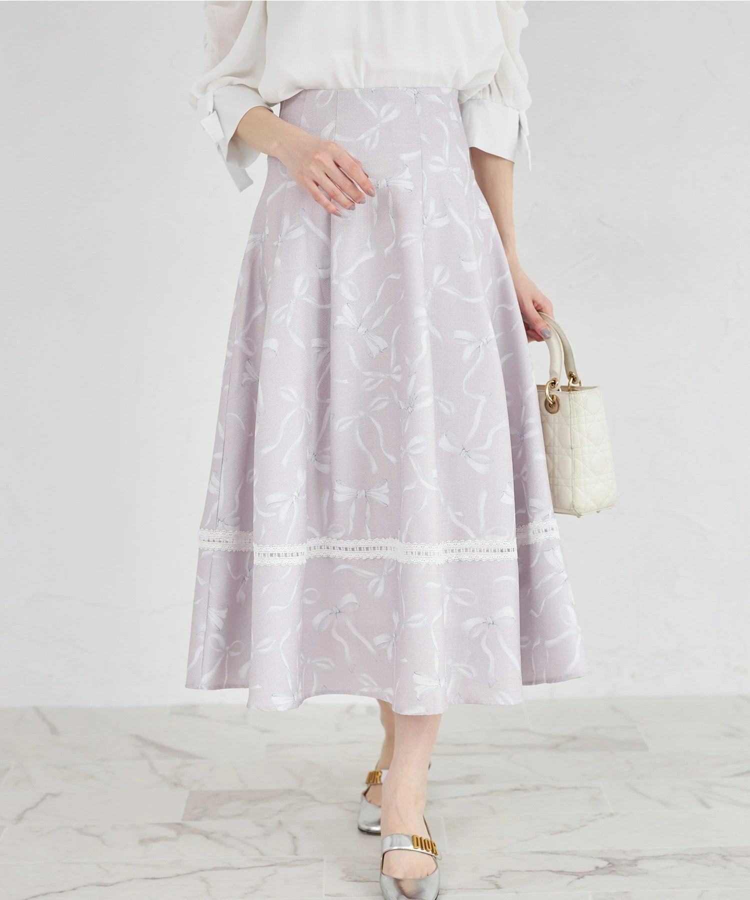 トッコクローゼット tocco closet バックレースアップ裾レース装飾リボンプリントツイードライクフレアスカート ピンク