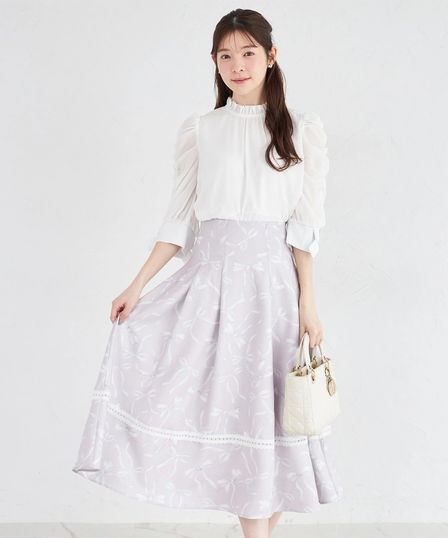 トッコクローゼット tocco closet バックレースアップ裾レース装飾リボンプリントツイードライクフレアスカート ピンク