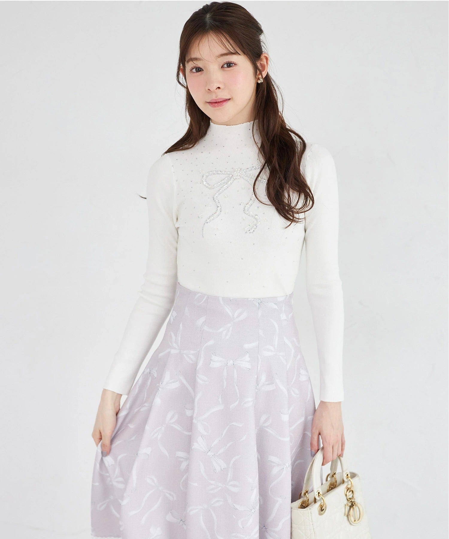 トッコクローゼット tocco closet バックレースアップ裾レース装飾リボンプリントツイードライクフレアスカート ピンク