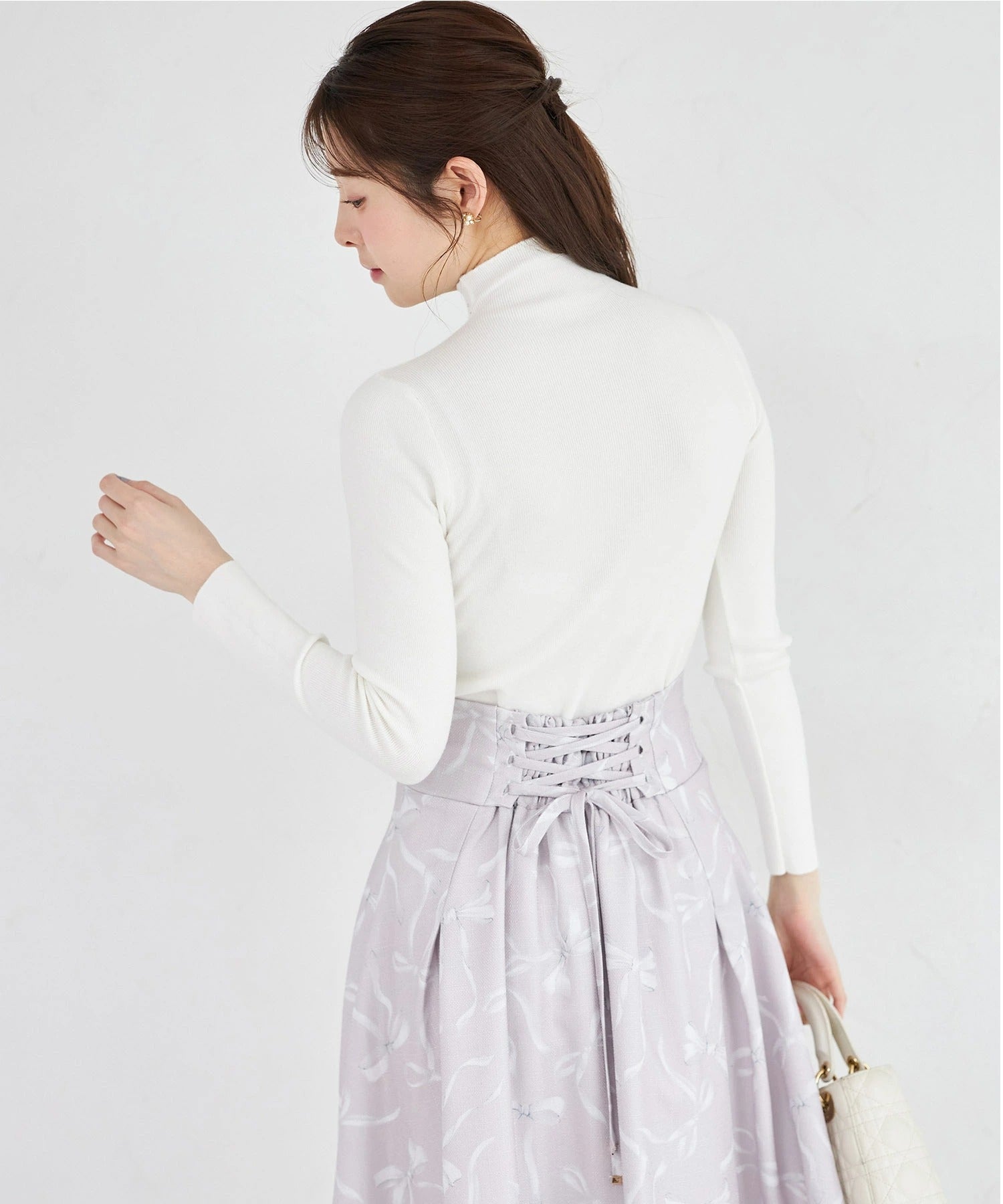 トッコクローゼット tocco closet バックレースアップ裾レース装飾リボンプリントツイードライクフレアスカート ピンク