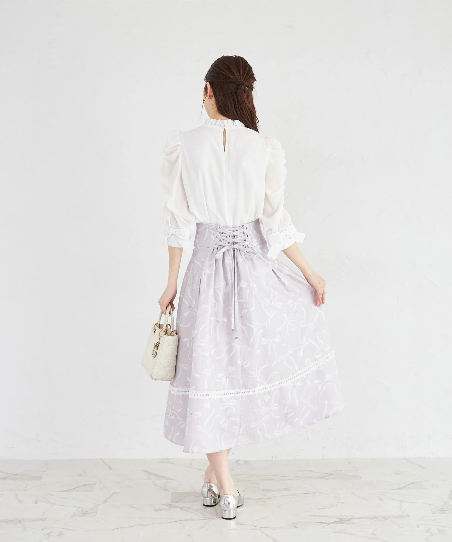 トッコクローゼット tocco closet バックレースアップ裾レース装飾リボンプリントツイードライクフレアスカート ピンク