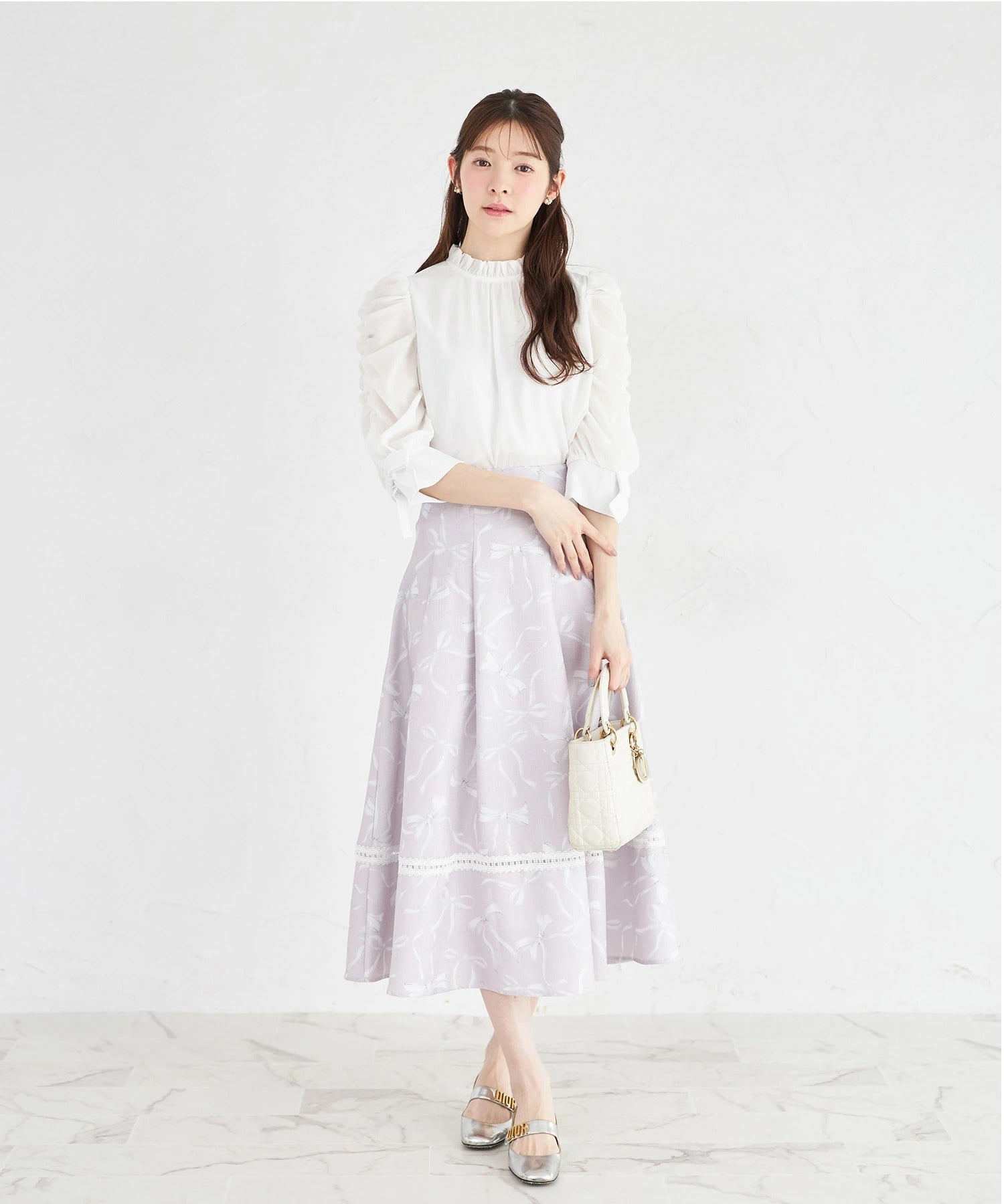 トッコクローゼット tocco closet バックレースアップ裾レース装飾リボンプリントツイードライクフレアスカート ピンク