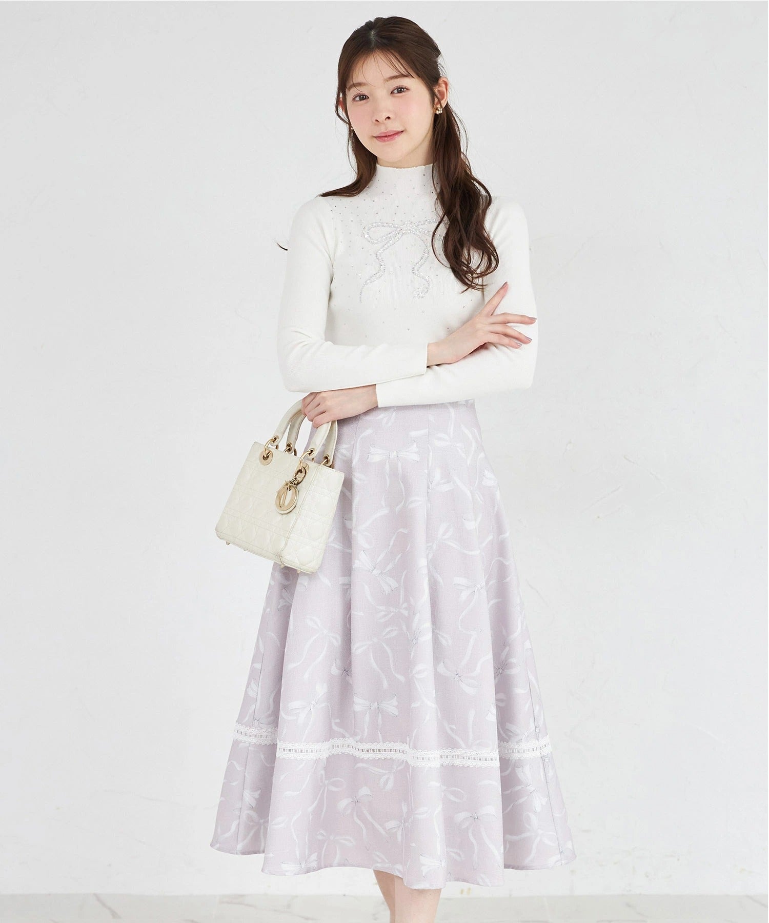トッコクローゼット tocco closet バックレースアップ裾レース装飾リボンプリントツイードライクフレアスカート ピンク