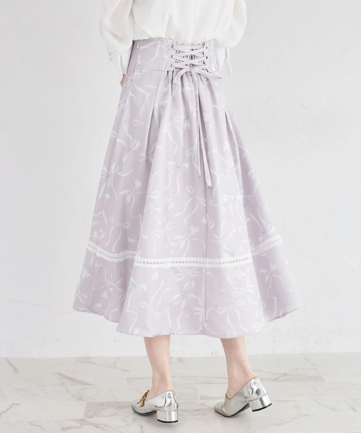 トッコクローゼット tocco closet バックレースアップ裾レース装飾リボンプリントツイードライクフレアスカート ピンク