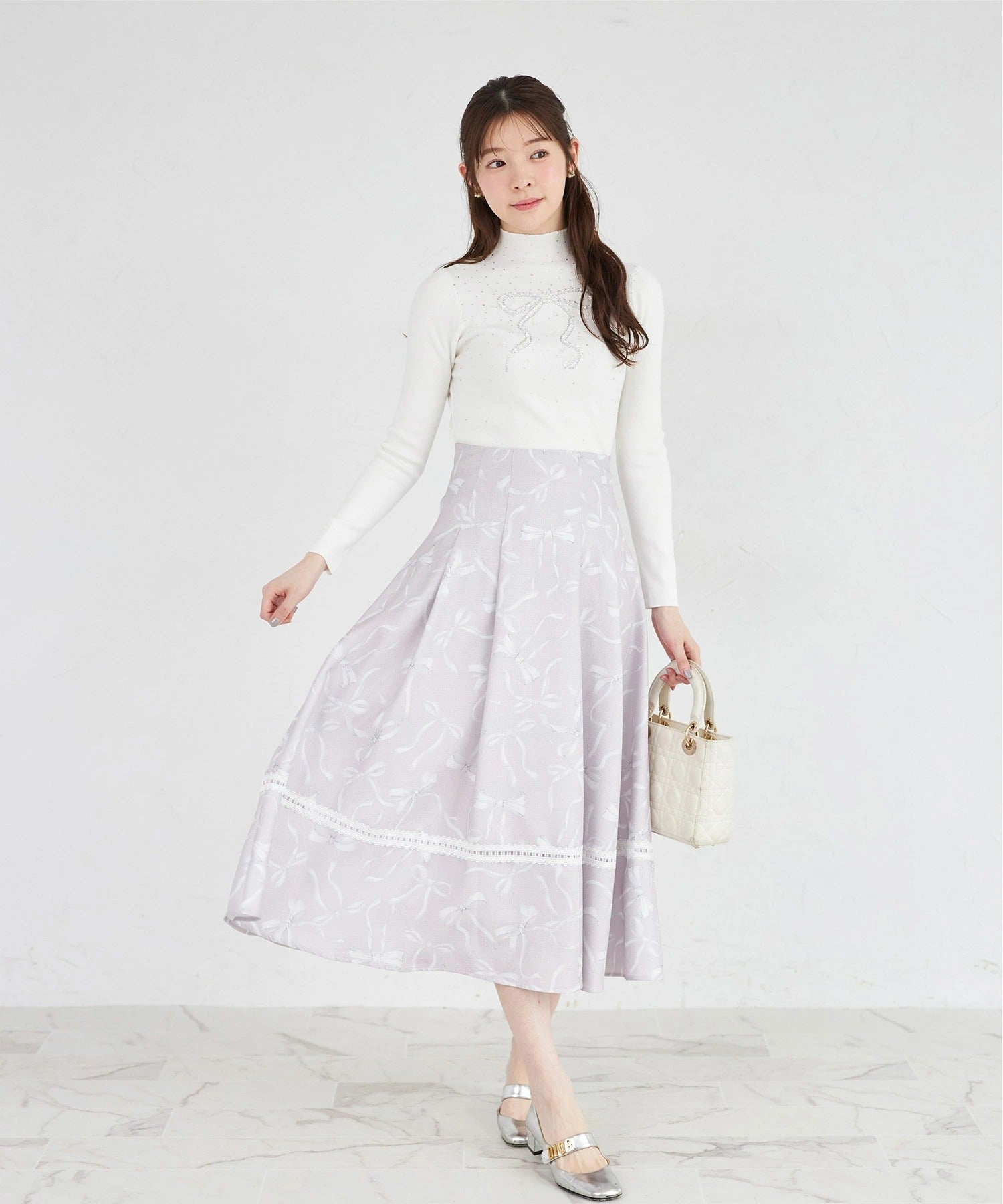 トッコクローゼット tocco closet バックレースアップ裾レース装飾リボンプリントツイードライクフレアスカート ピンク
