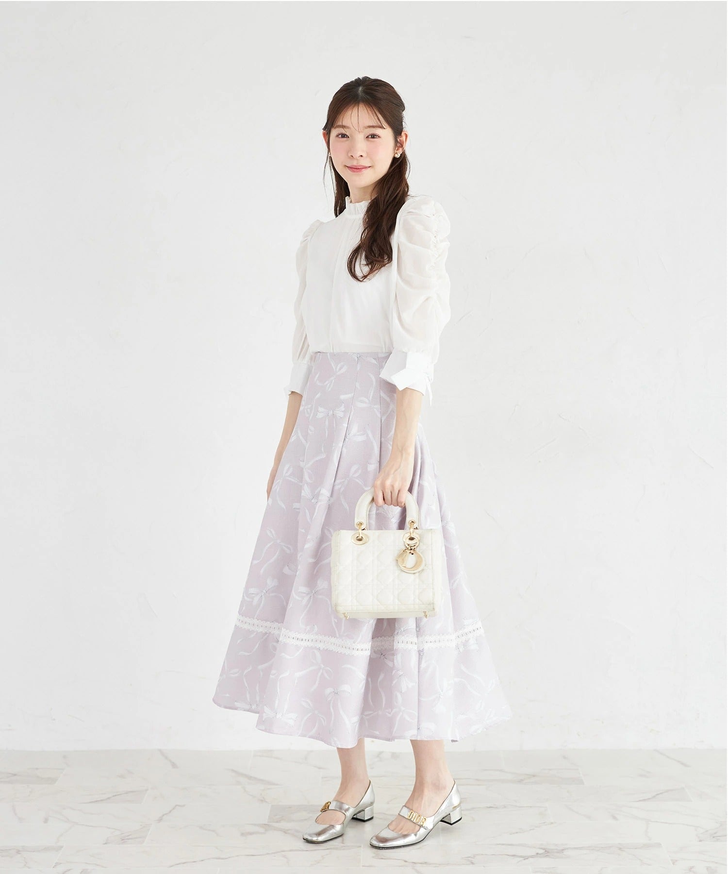 トッコクローゼット tocco closet バックレースアップ裾レース装飾リボンプリントツイードライクフレアスカート ピンク