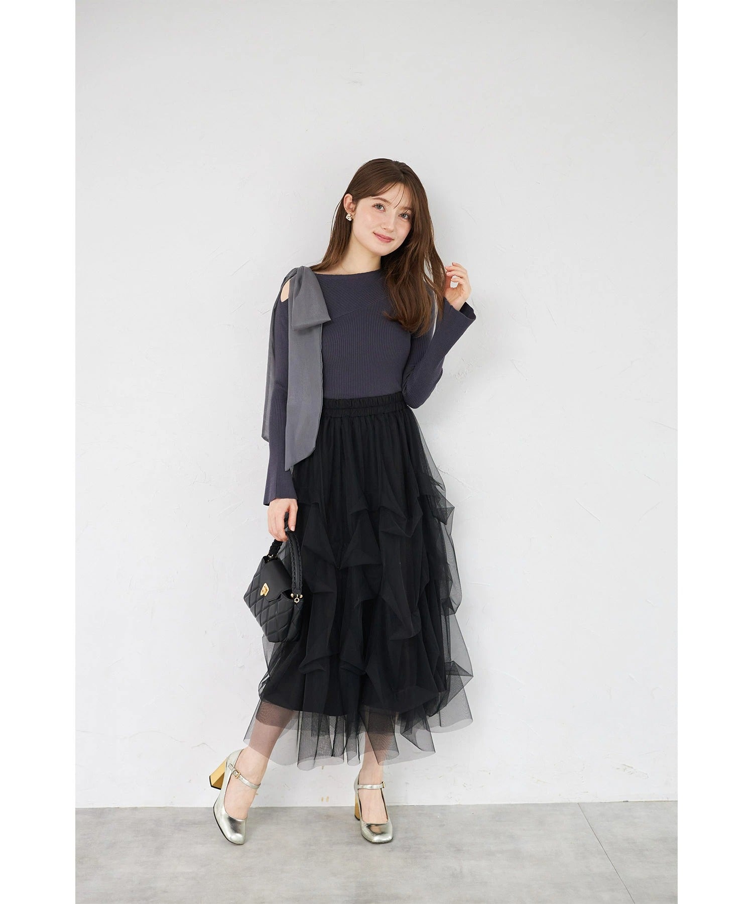 トッコクローゼット tocco closet 肩リボン付きフレアスリーブリブニットプルオーバー グレー