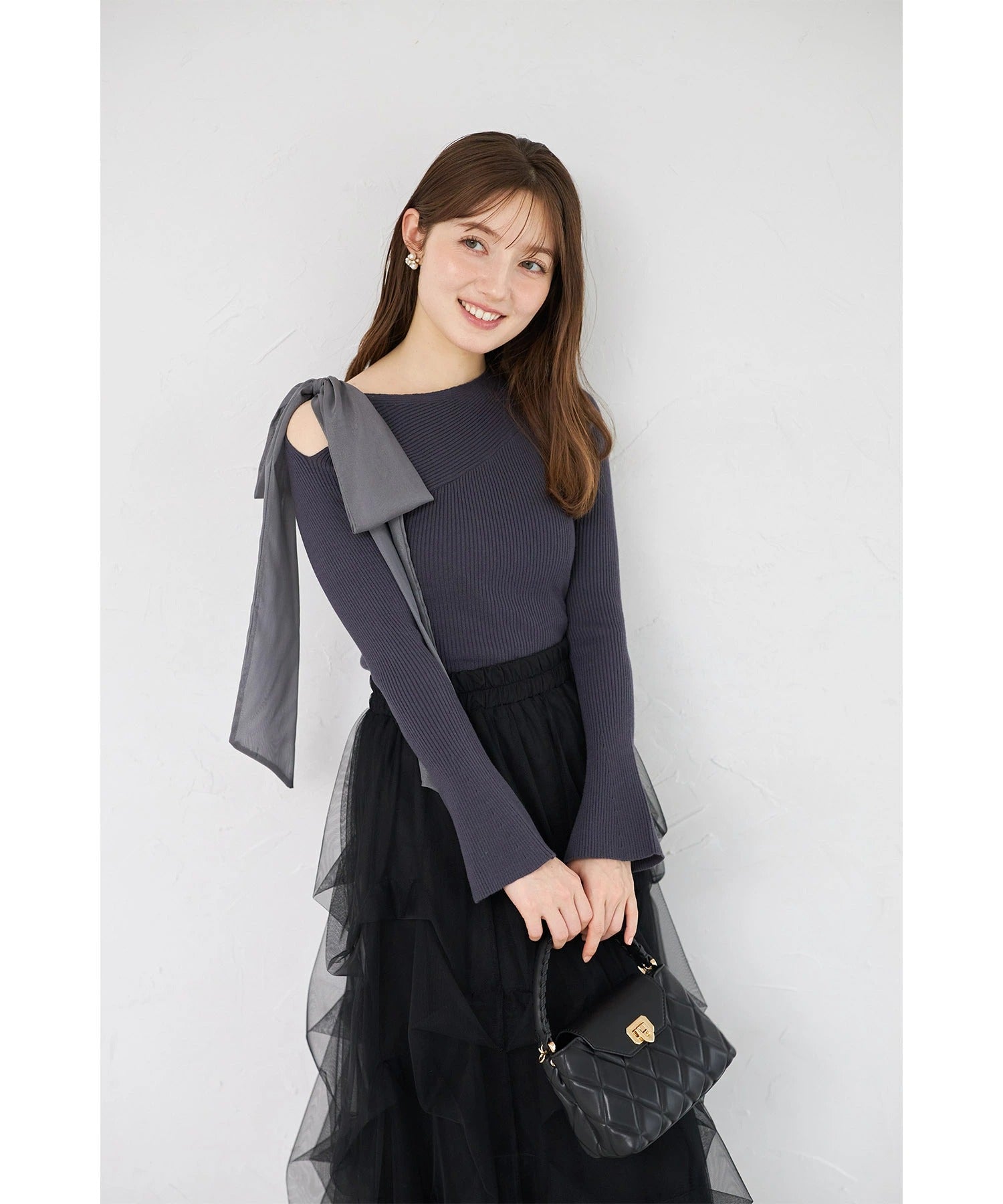 トッコクローゼット tocco closet 肩リボン付きフレアスリーブリブニットプルオーバー グレー