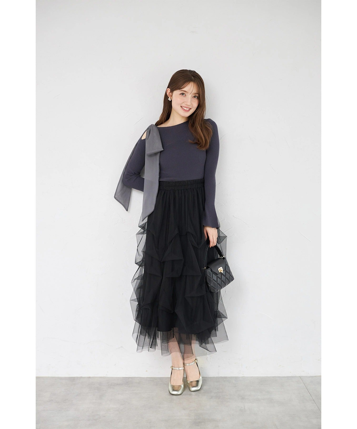 トッコクローゼット tocco closet 肩リボン付きフレアスリーブリブニットプルオーバー グレー