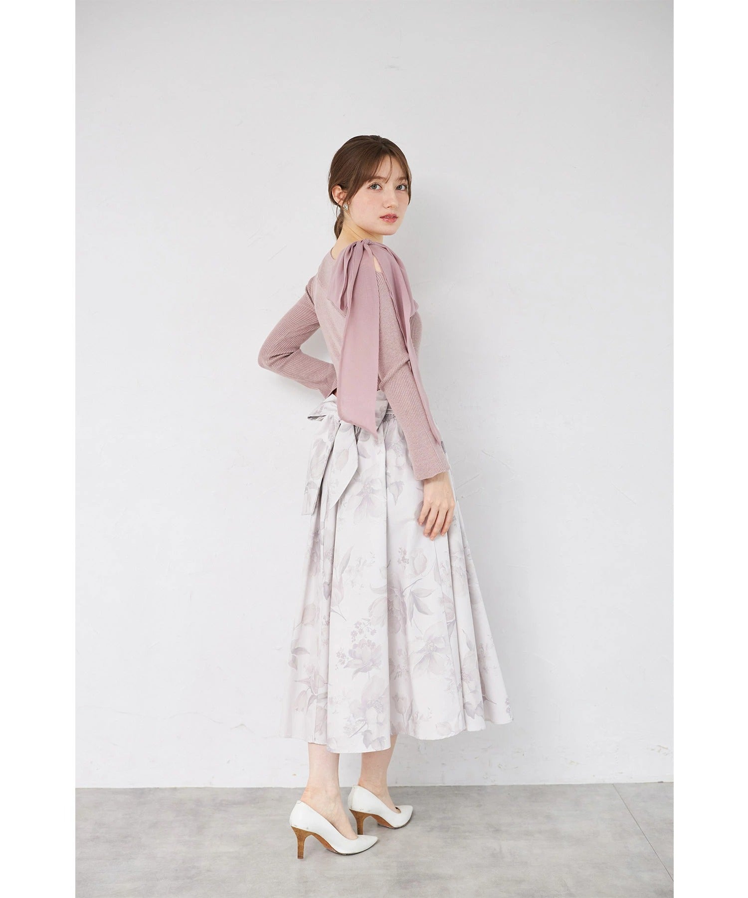 トッコクローゼット tocco closet 肩リボン付きフレアスリーブリブニットプルオーバー ピンク
