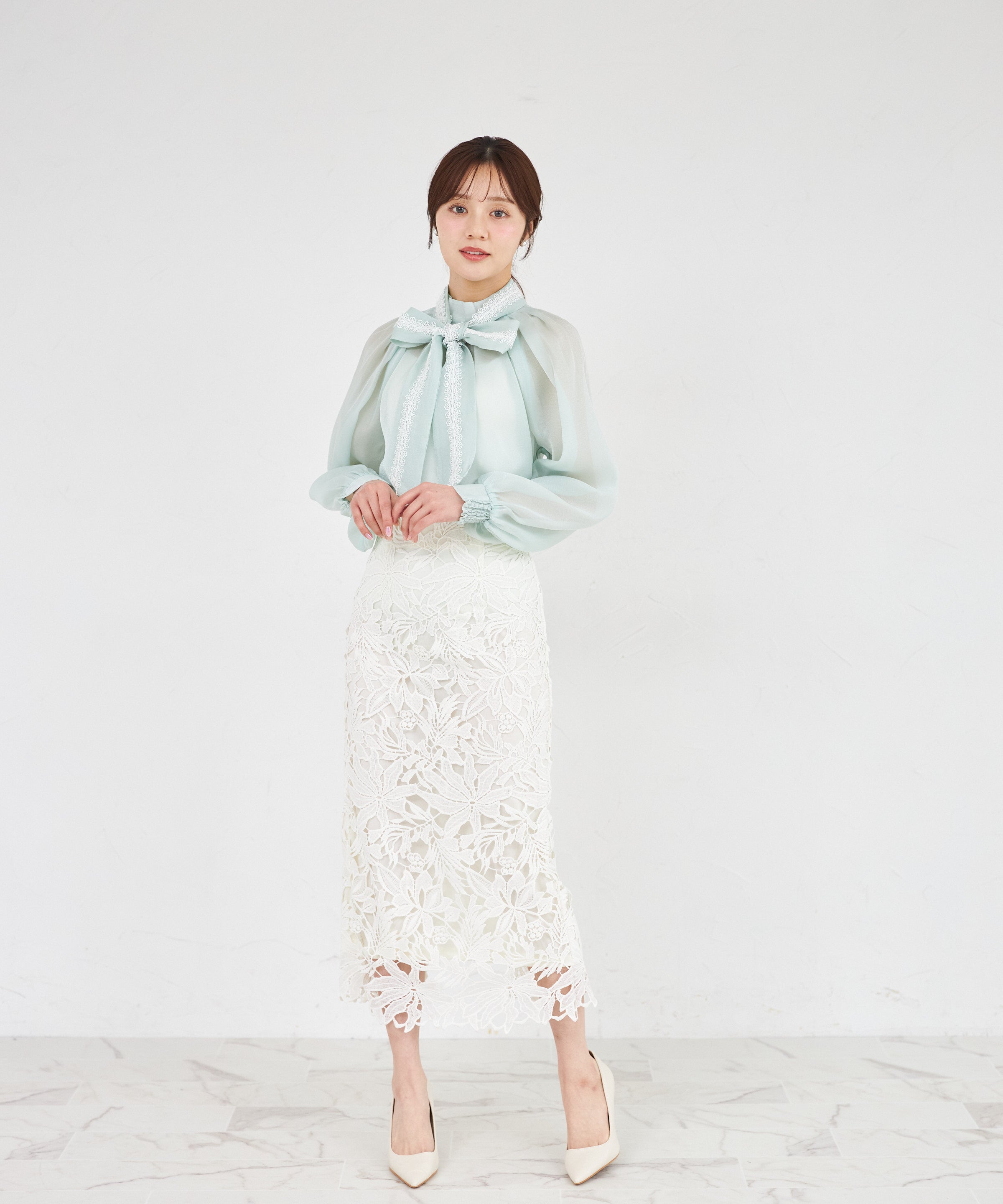 トッコクローゼット tocco closet 2WAYレースボウタイリボン付きシアーブラウス グリーン